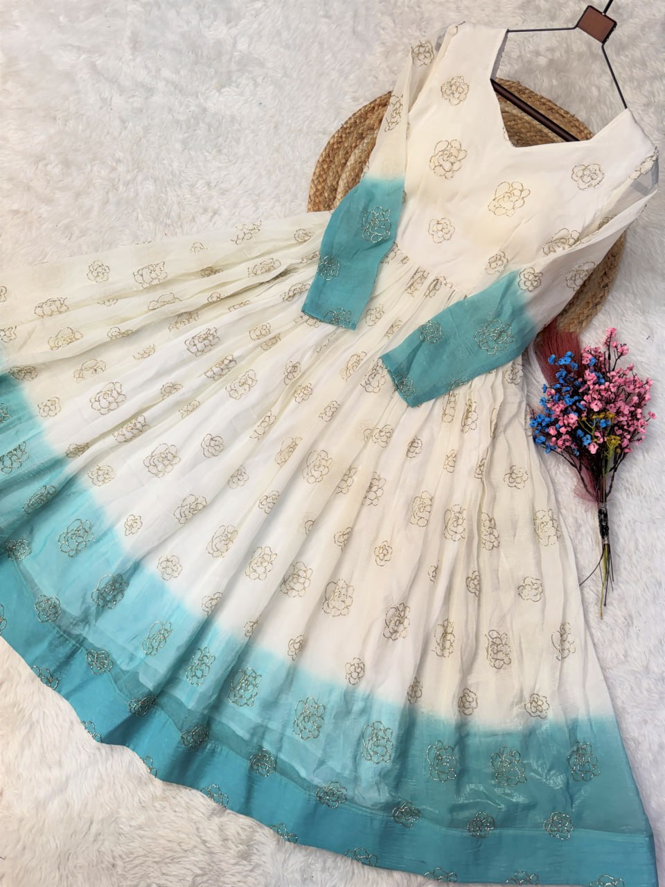 Shaded Silver Crunchy Gown with Pipe Sequins Embroidery