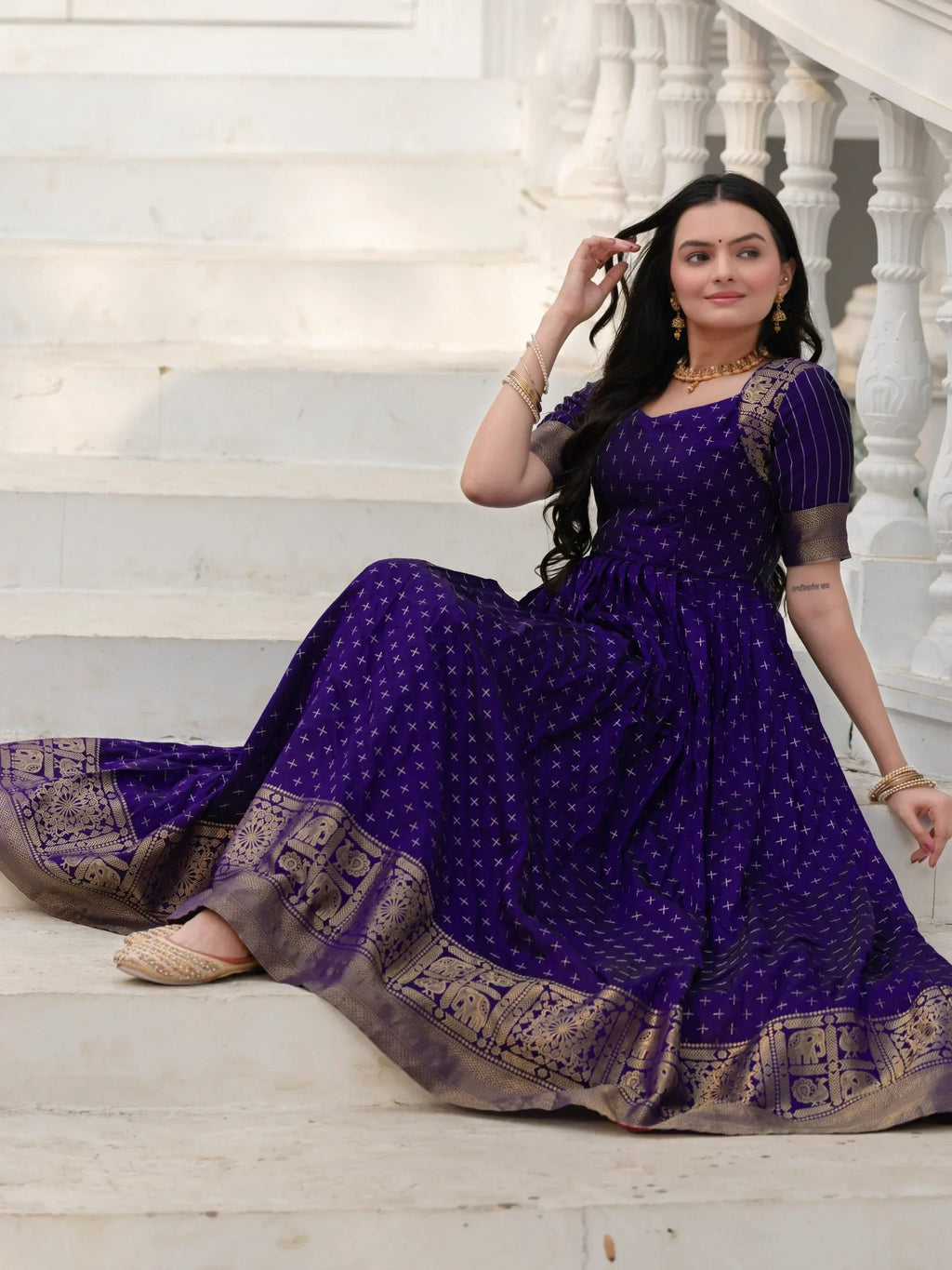 Fabulous Blue Silk Zari Weaving Festive Wear Gown