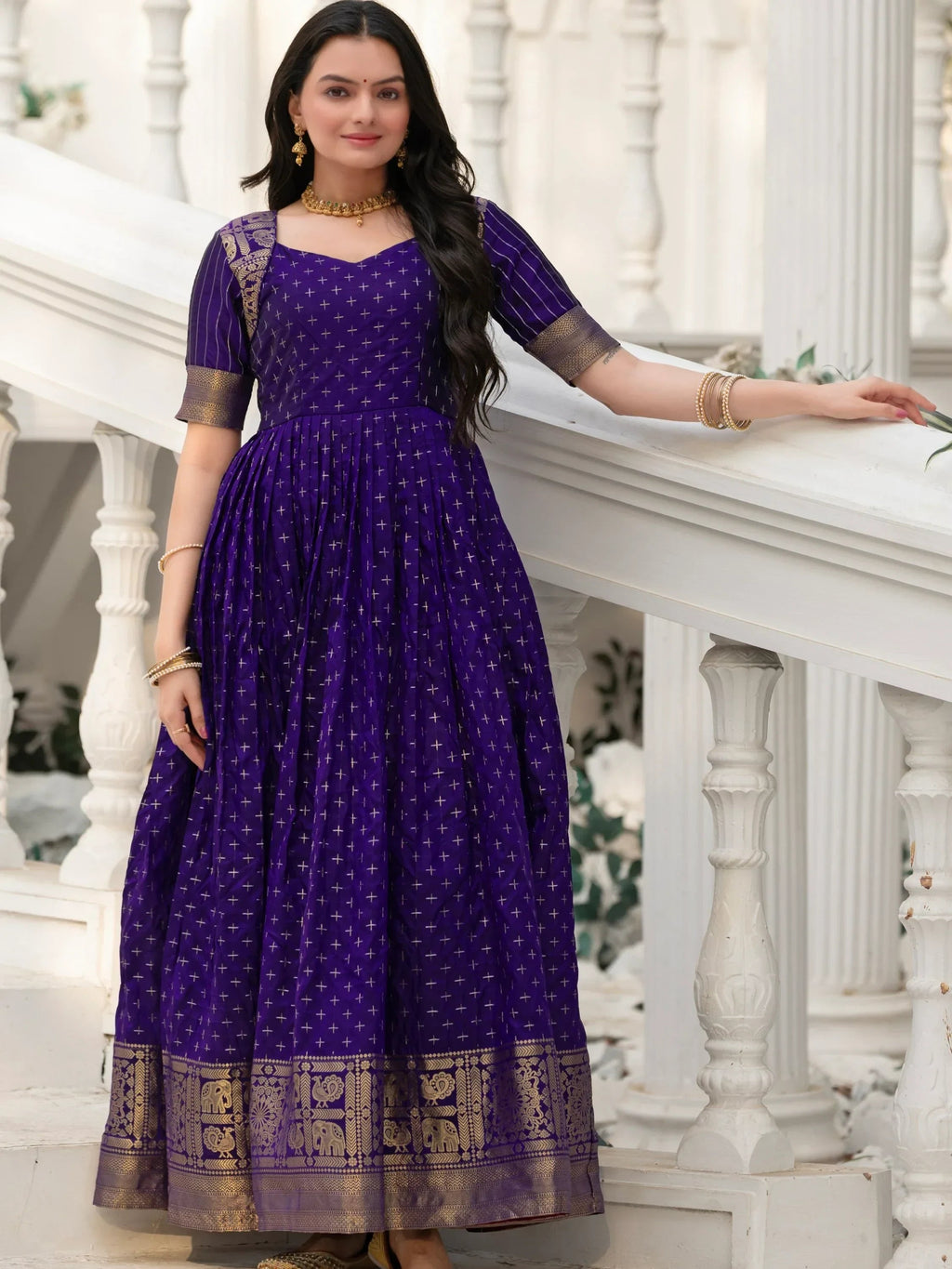 Fabulous Blue Silk Zari Weaving Festive Wear Gown