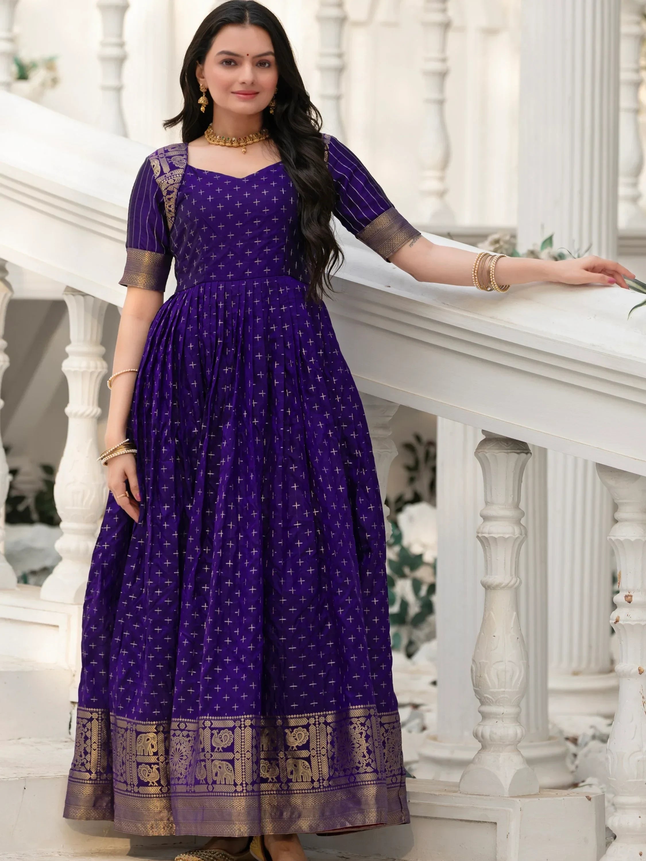 Fabulous Blue Silk Zari Weaving Festive Wear Gown