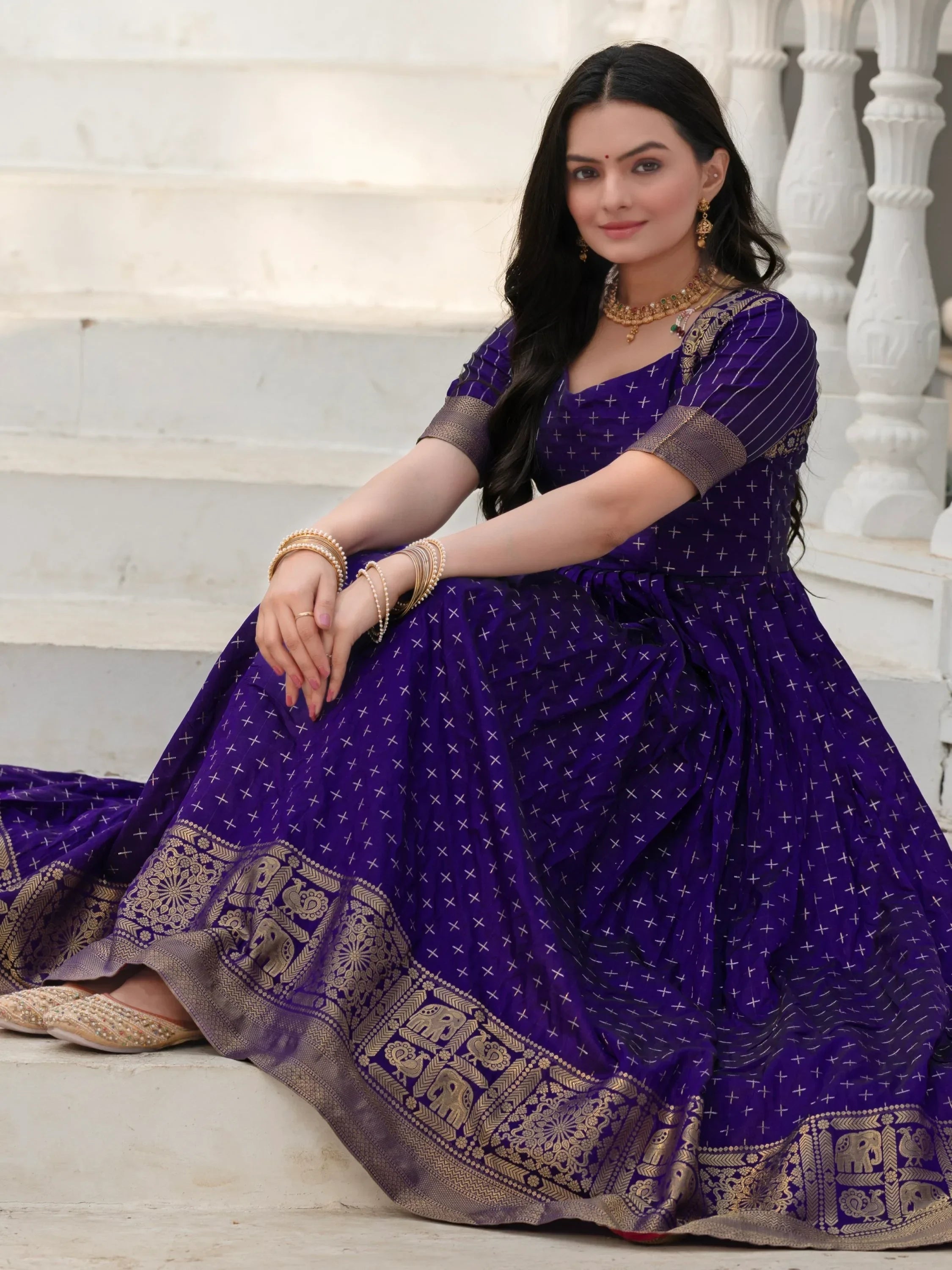 Fabulous Blue Silk Zari Weaving Festive Wear Gown