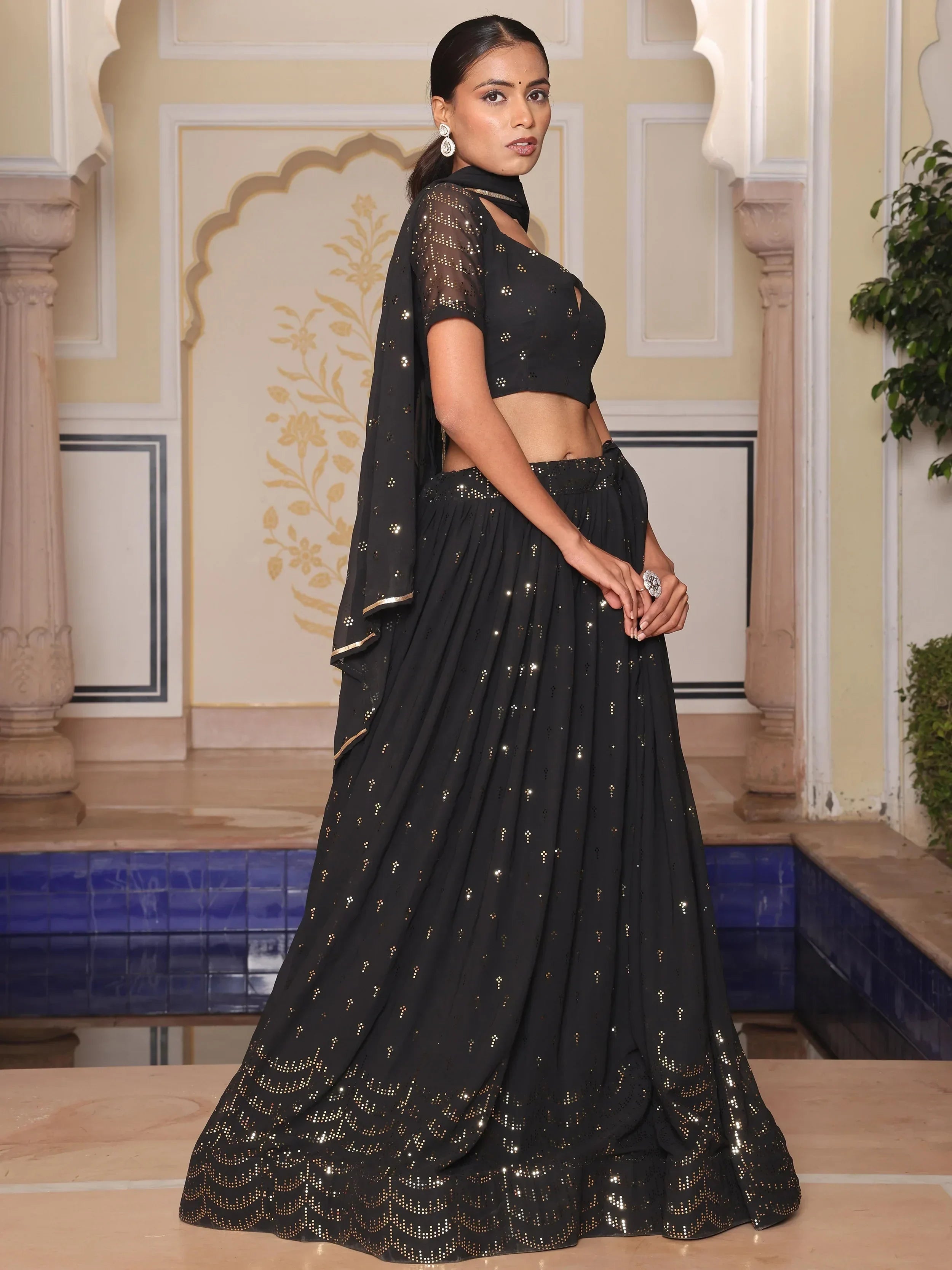 Black Shimmering Georgette Embroidered Lehenga Choli With Dupatta
