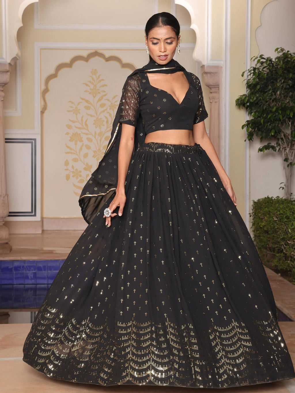 Black Shimmering Georgette Embroidered Lehenga Choli With Dupatta