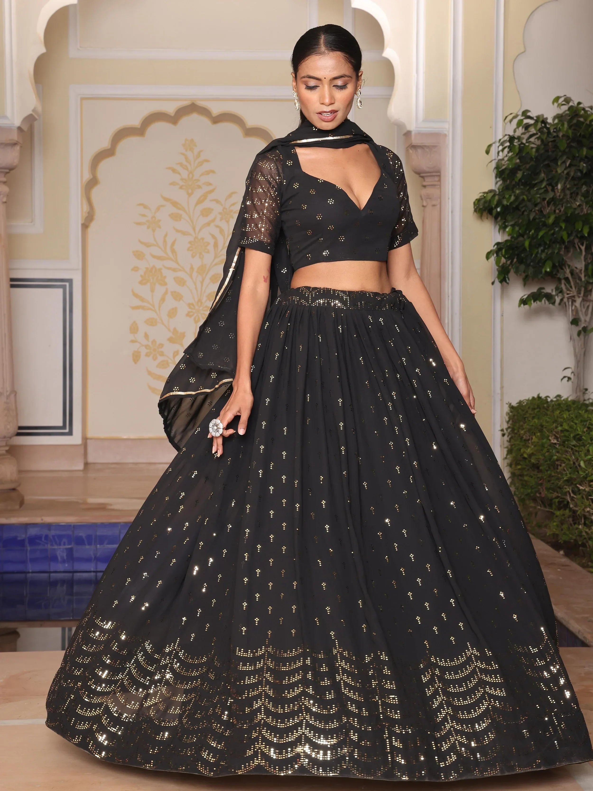 Black Shimmering Georgette Embroidered Lehenga Choli With Dupatta