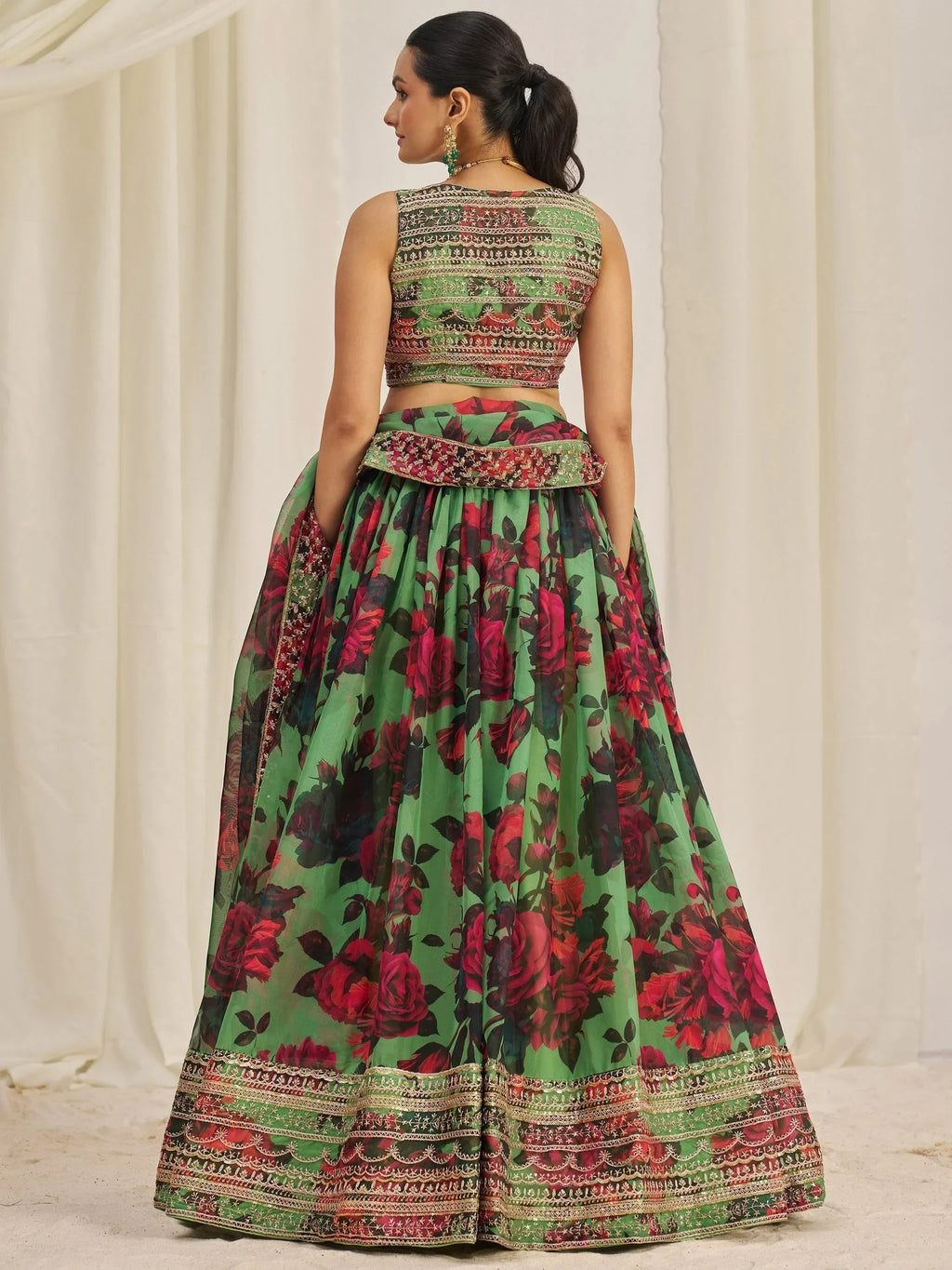 Shocking Green Sequins Organza Event Wear Lehenga Choli With Dupatta