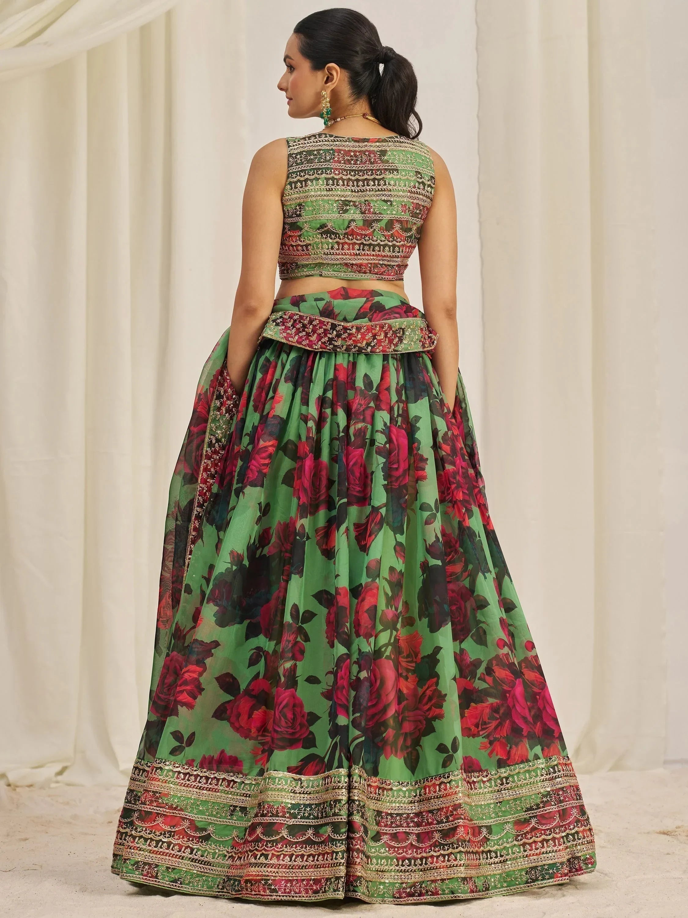Shocking Green Sequins Organza Event Wear Lehenga Choli With Dupatta