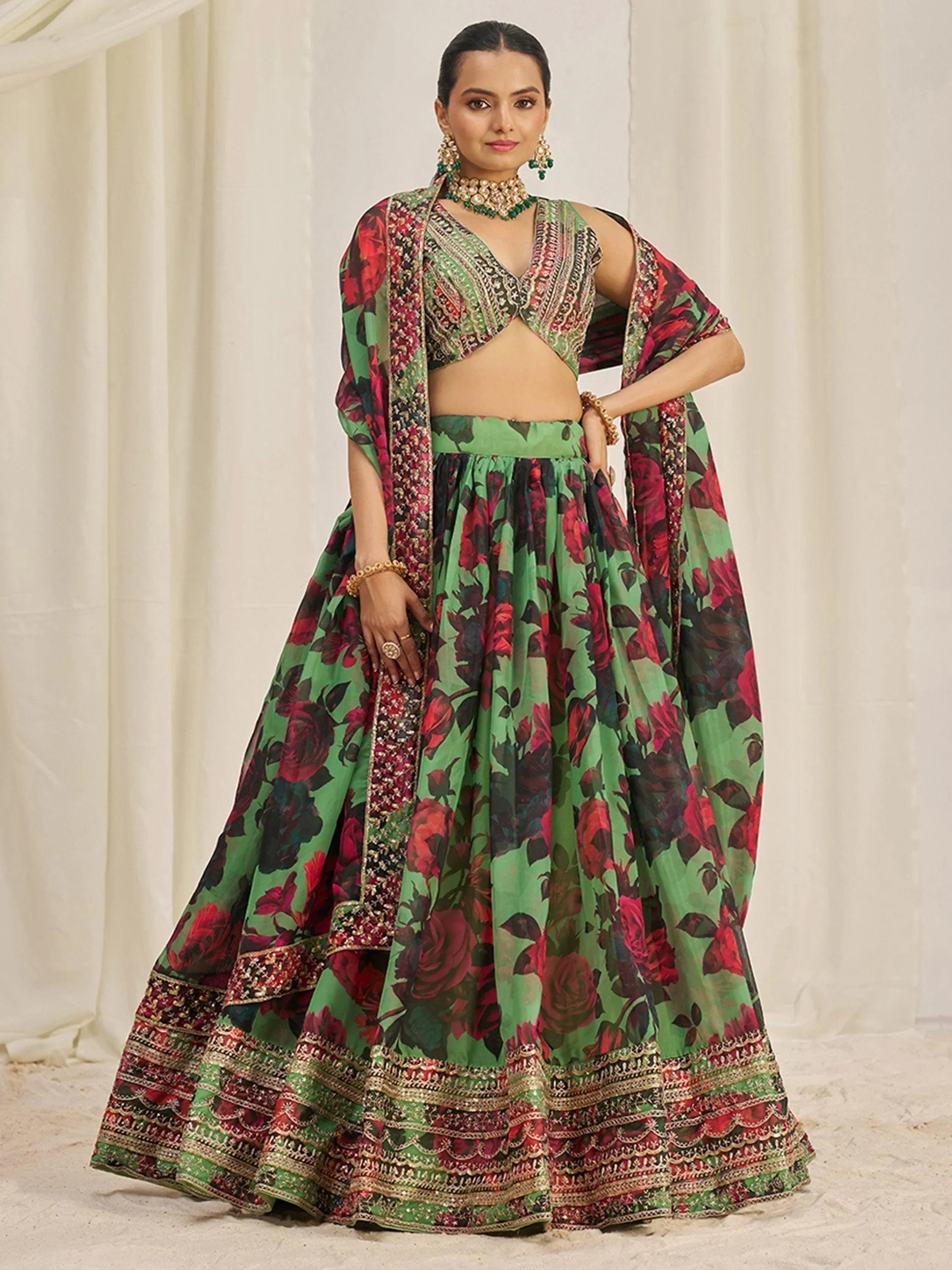 Shocking Green Sequins Organza Event Wear Lehenga Choli With Dupatta