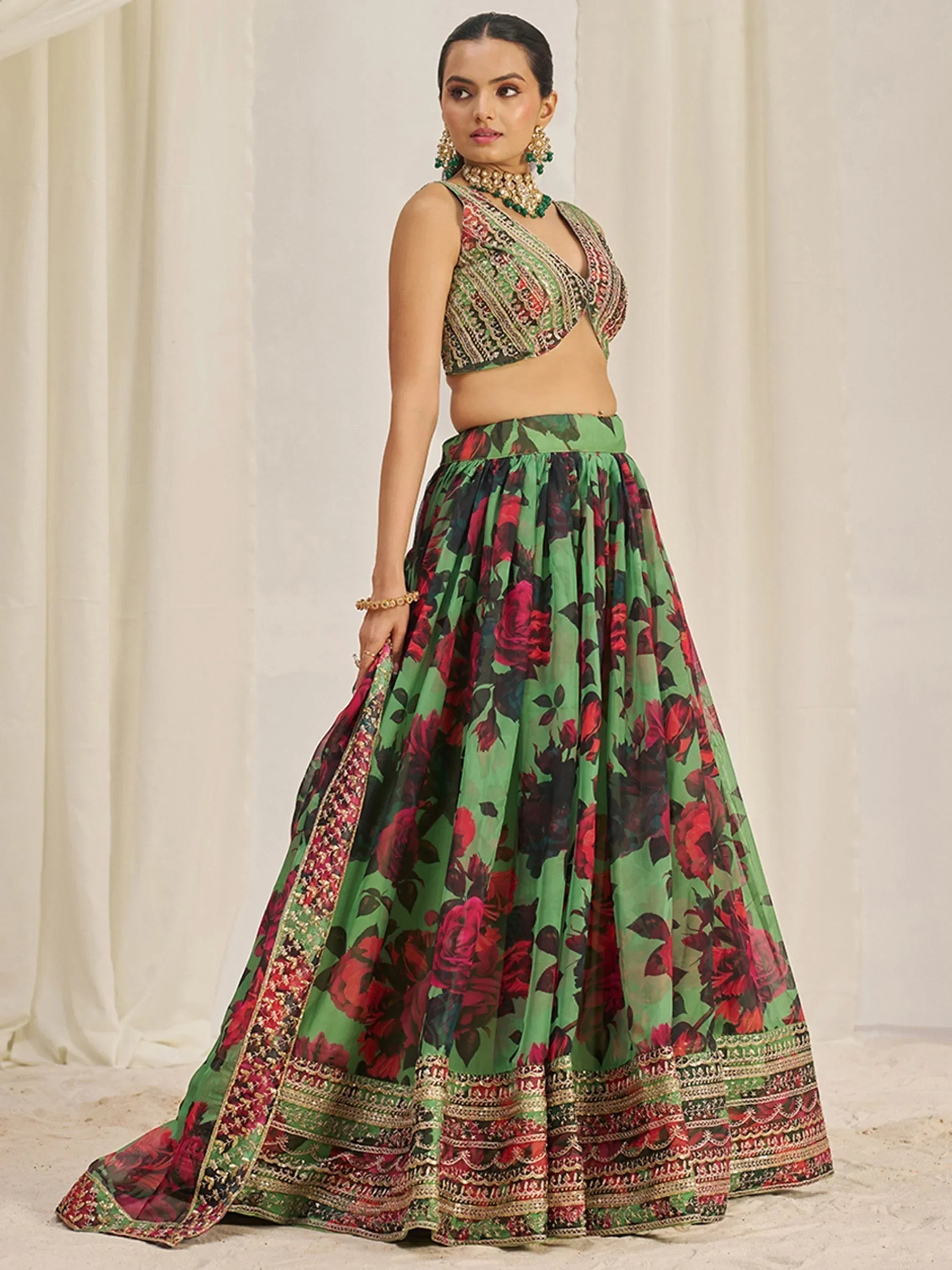 Shocking Green Sequins Organza Event Wear Lehenga Choli With Dupatta