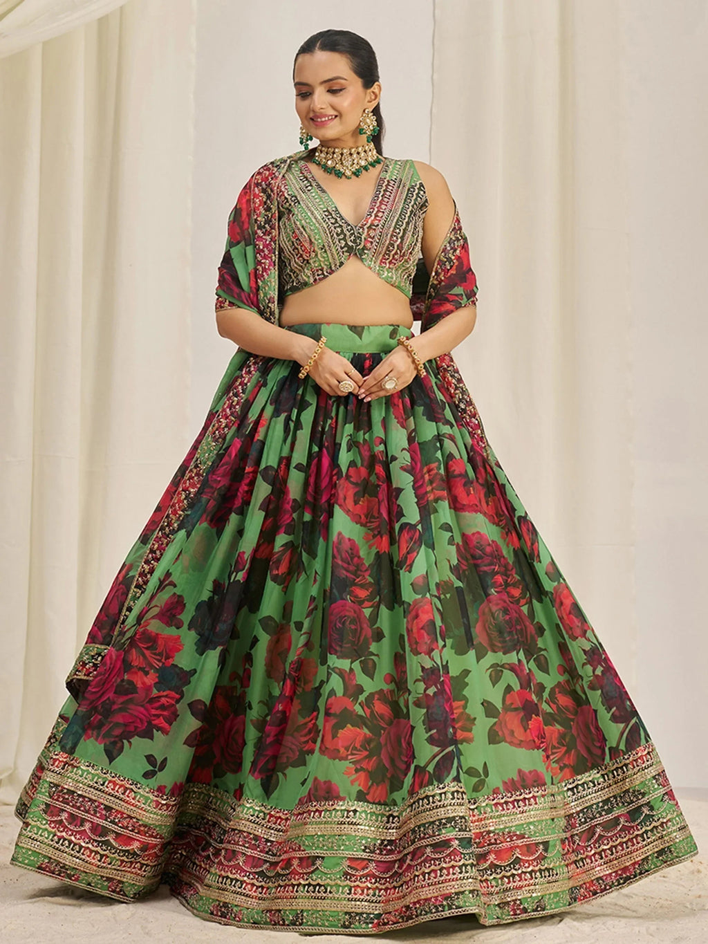 Shocking Green Sequins Organza Event Wear Lehenga Choli With Dupatta