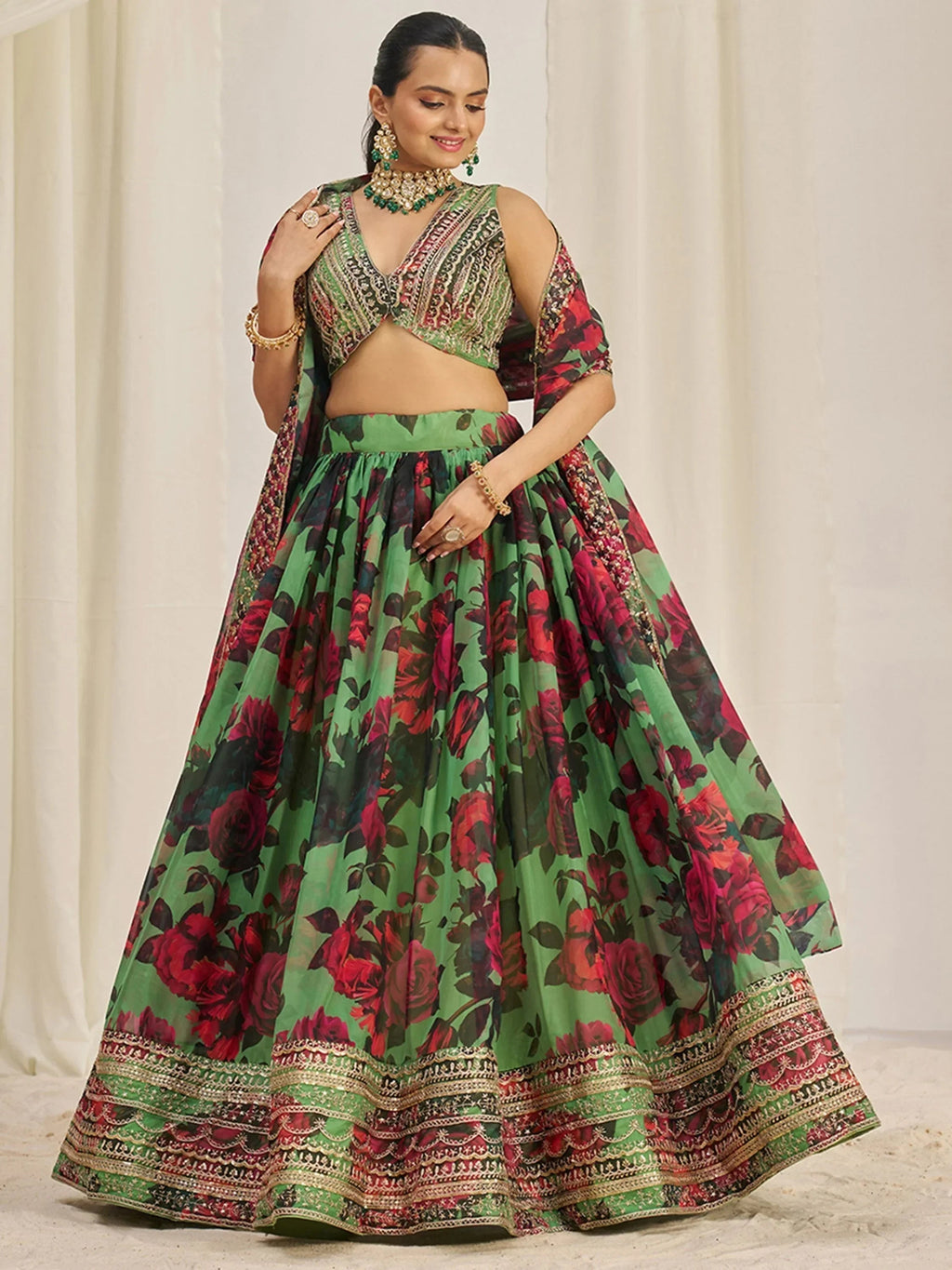 Shocking Green Sequins Organza Event Wear Lehenga Choli With Dupatta