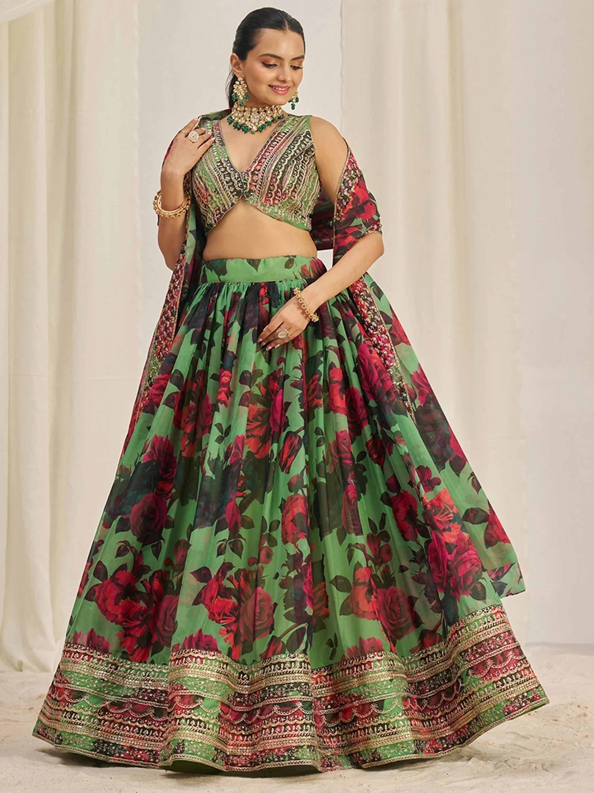 Shocking Green Sequins Organza Event Wear Lehenga Choli With Dupatta