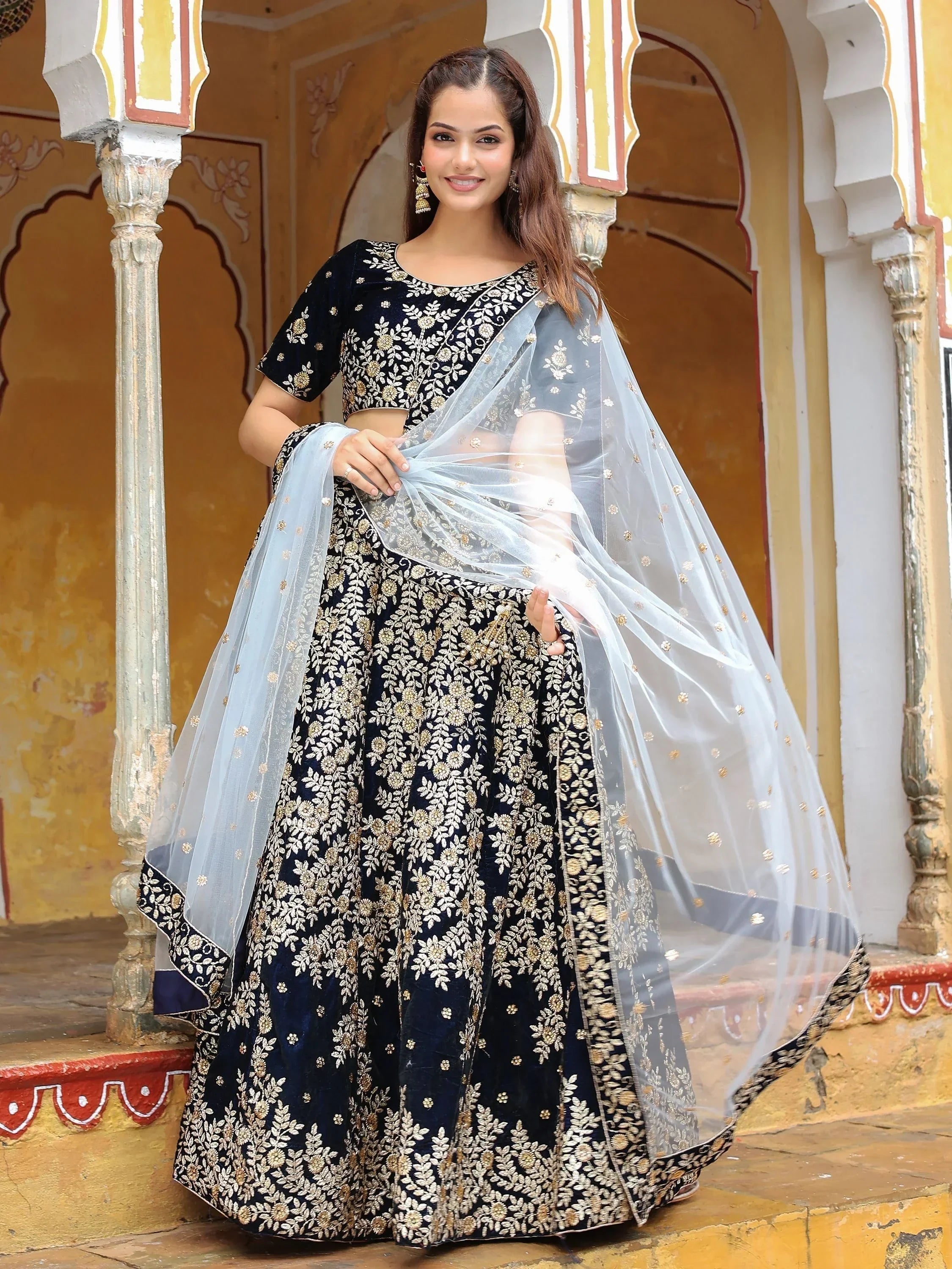 Shocking Navy Blue Embroidered Velvet Function Wear Lehenga Choli