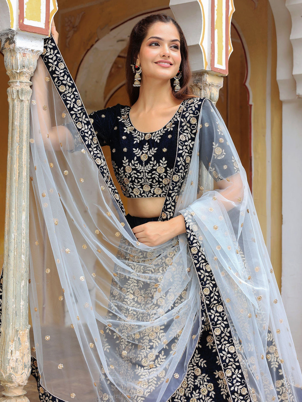 Shocking Navy Blue Embroidered Velvet Function Wear Lehenga Choli