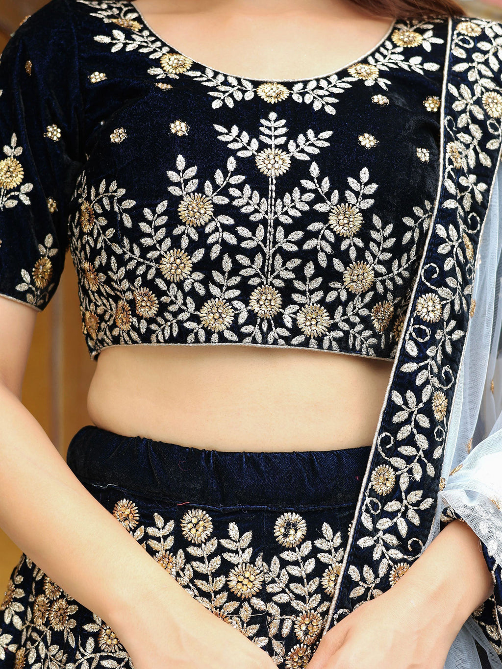 Shocking Navy Blue Embroidered Velvet Function Wear Lehenga Choli