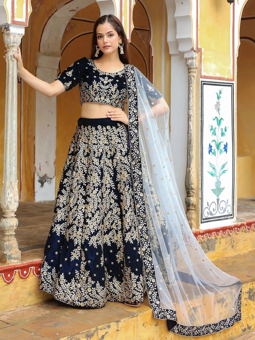 Shocking Navy Blue Embroidered Velvet Function Wear Lehenga Choli