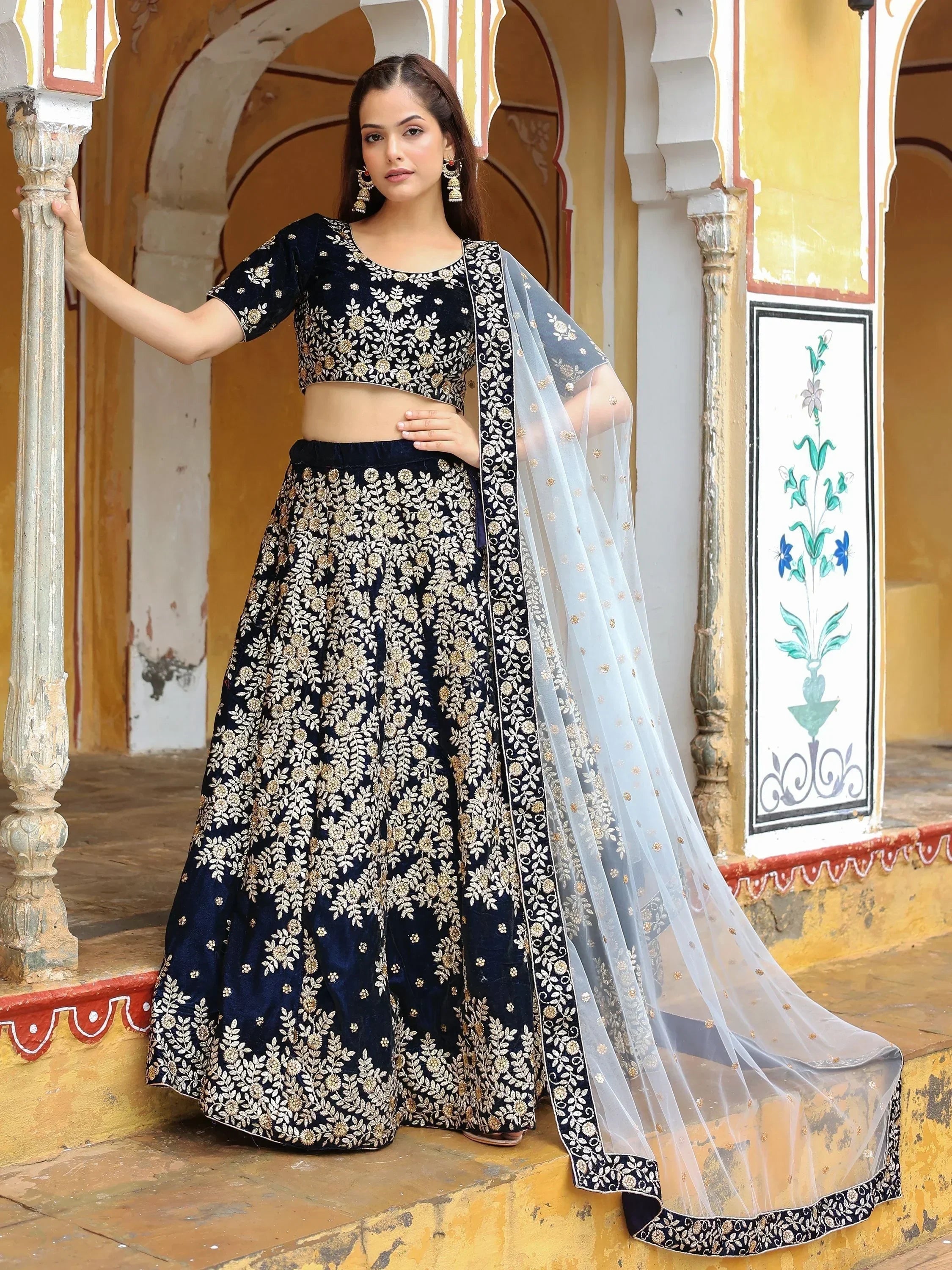 Shocking Navy Blue Embroidered Velvet Function Wear Lehenga Choli