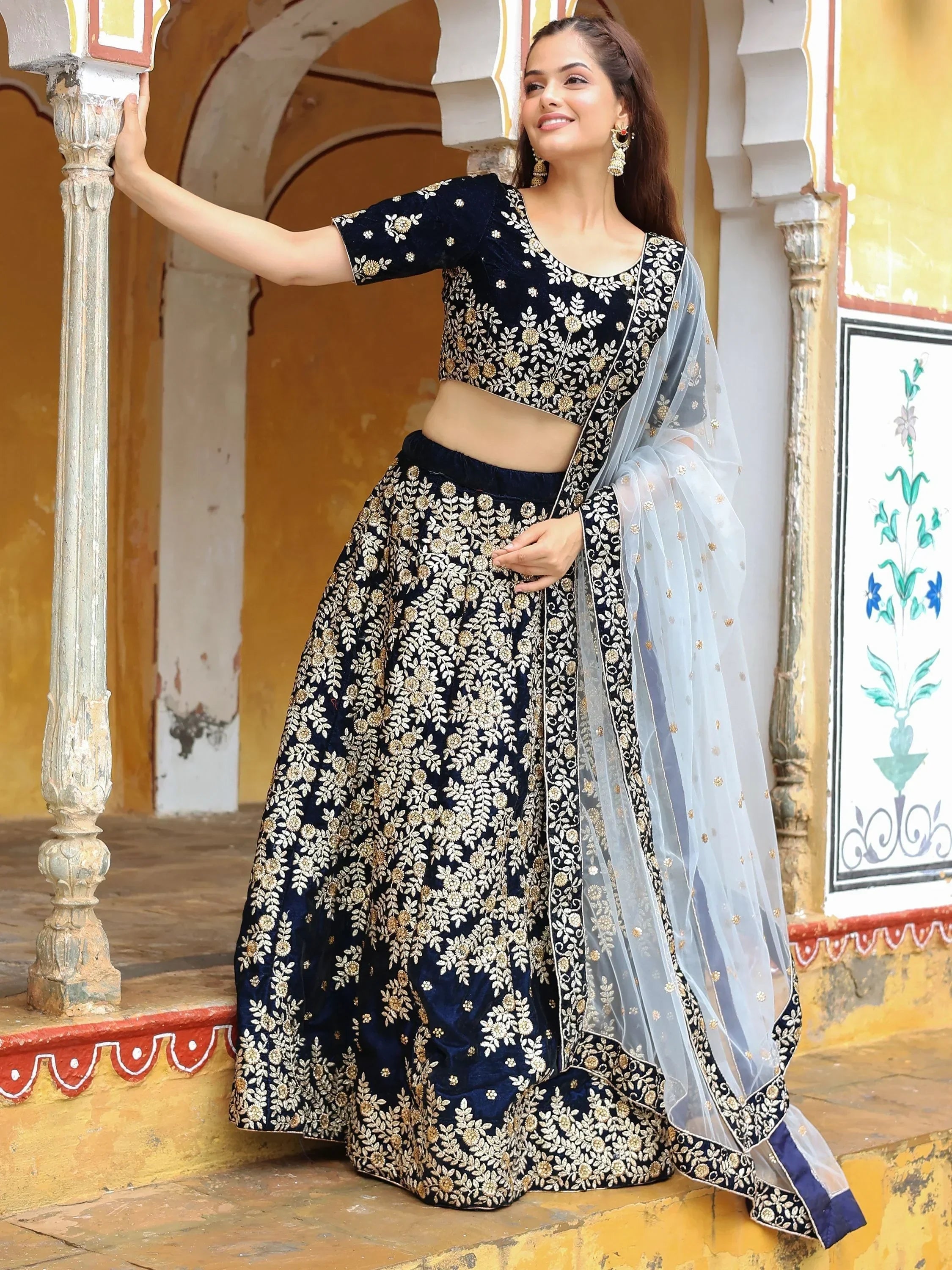 Shocking Navy Blue Embroidered Velvet Function Wear Lehenga Choli