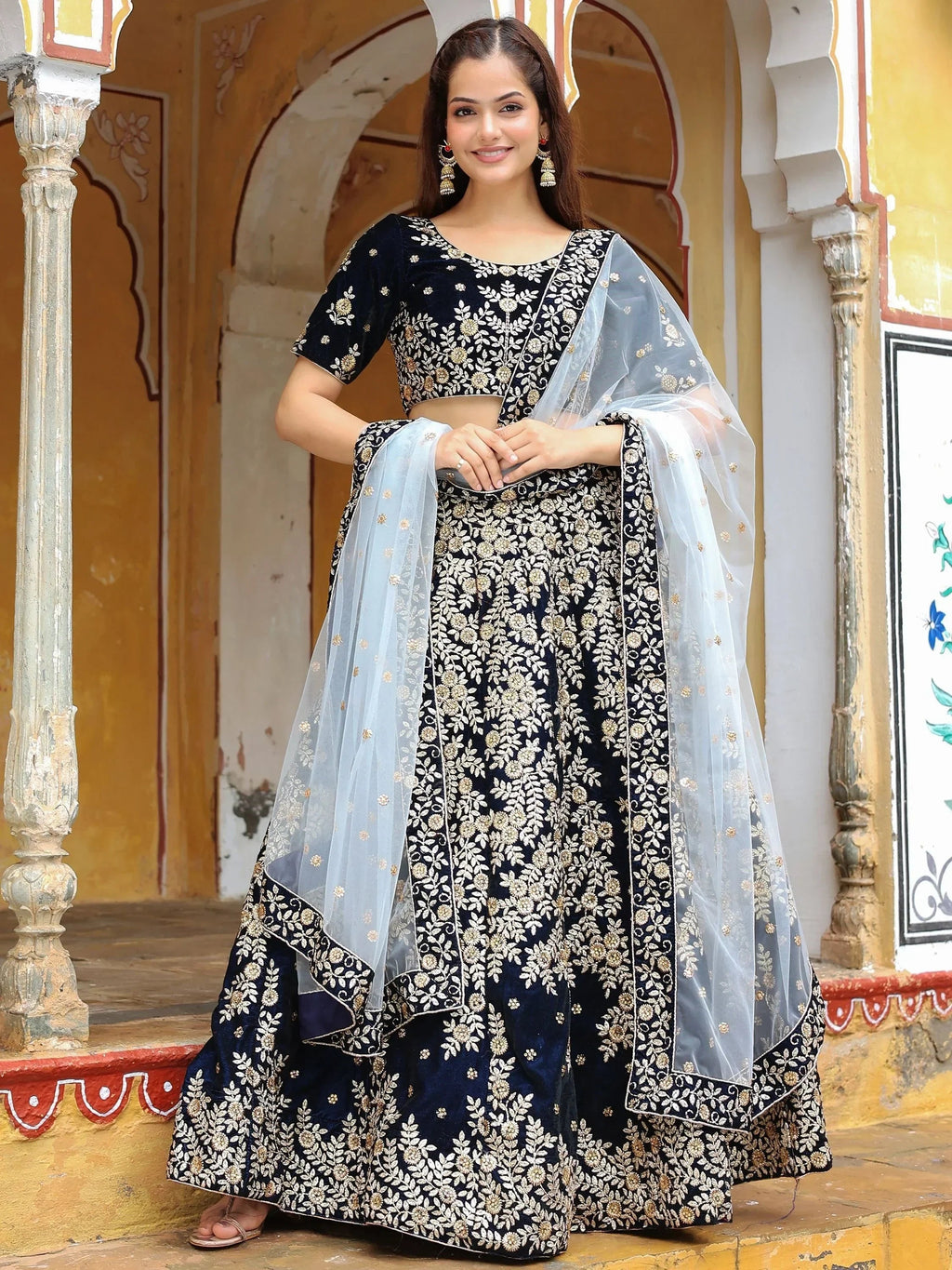 Shocking Navy Blue Embroidered Velvet Function Wear Lehenga Choli