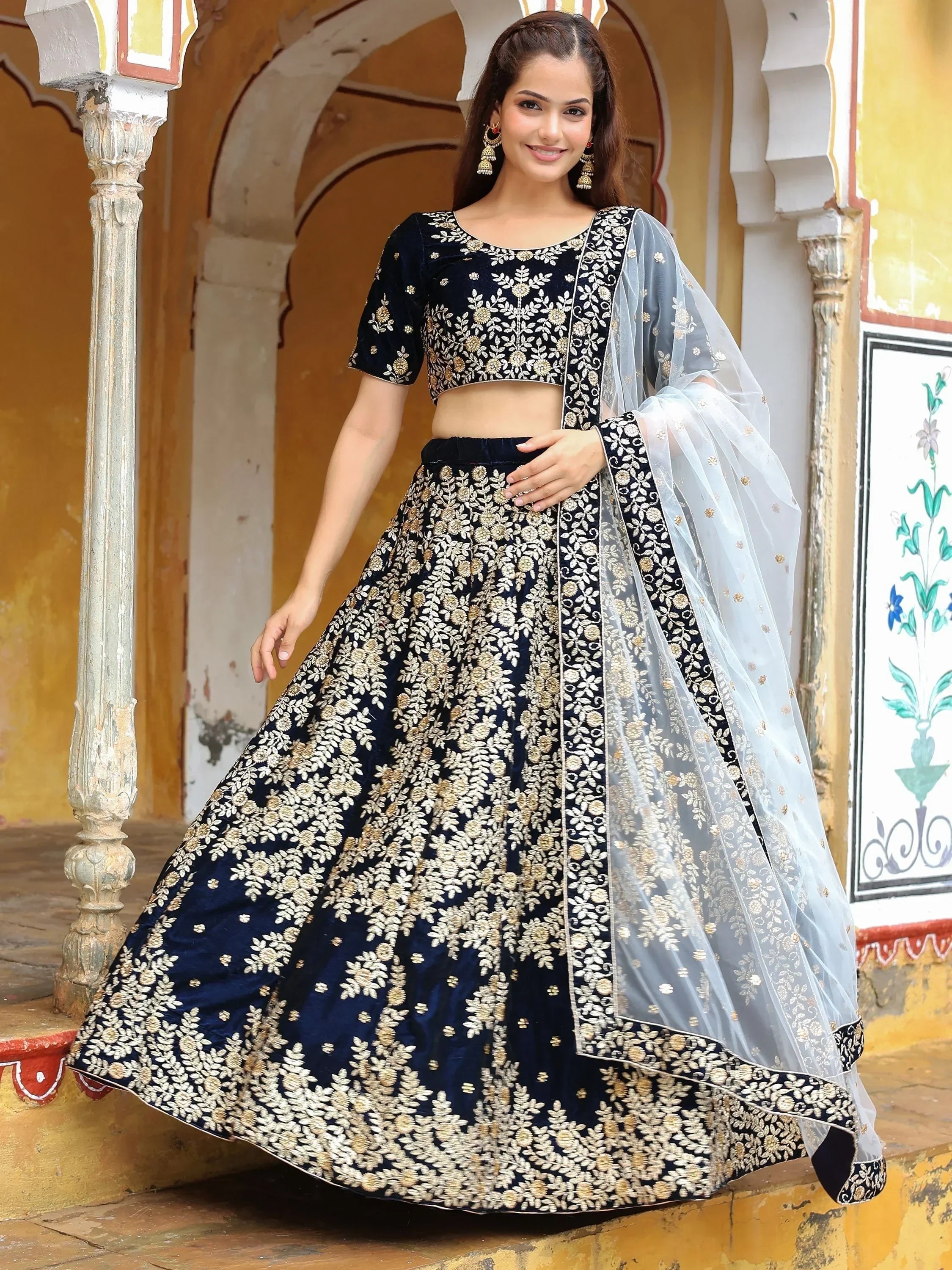 Shocking Navy Blue Embroidered Velvet Function Wear Lehenga Choli