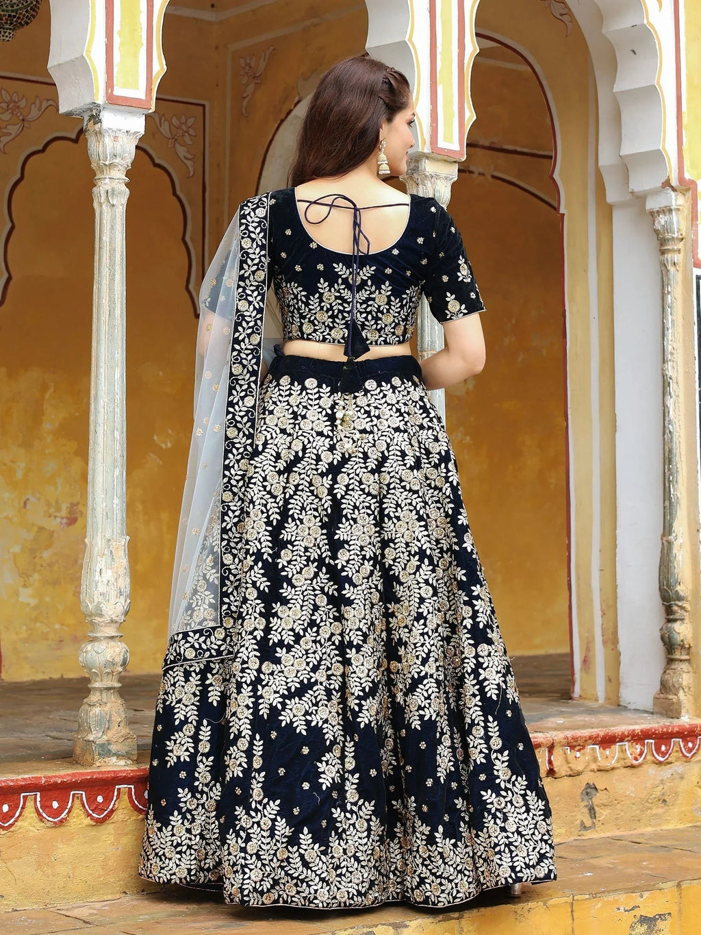 Shocking Navy Blue Embroidered Velvet Function Wear Lehenga Choli