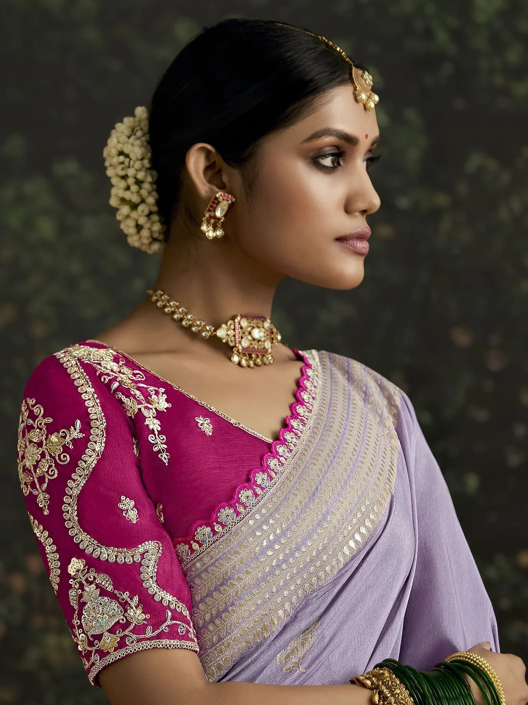 Mesmerizing Lavender Zari Weaving Silk Event Wear Saree With Blouse
