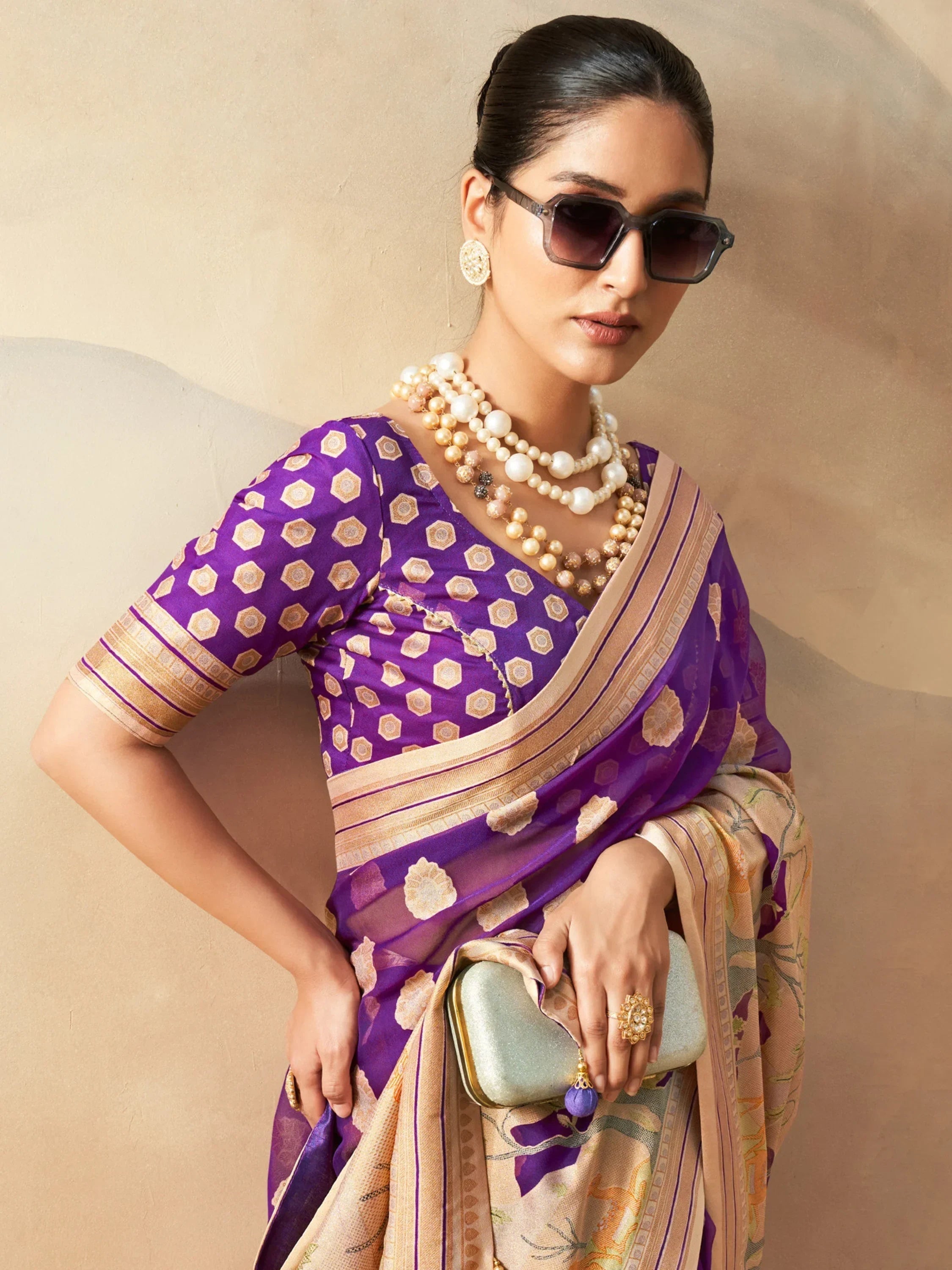Fascinating Purple Zari Weaving Georgette Traditional Saree With Blouse