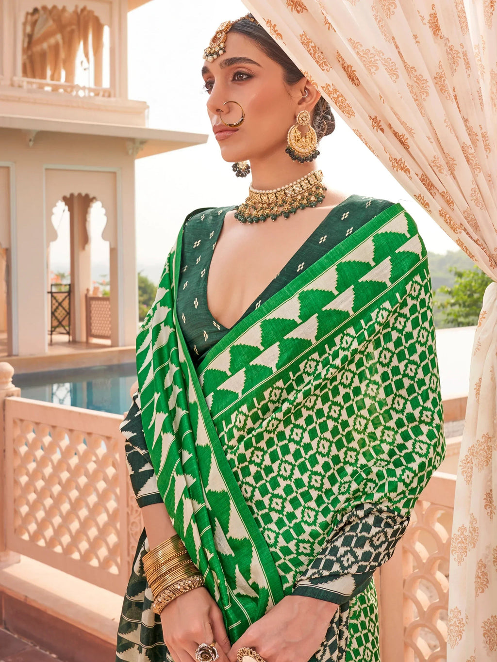 Attractive Green Digital Printed Silk Event Wear Saree With Blouse