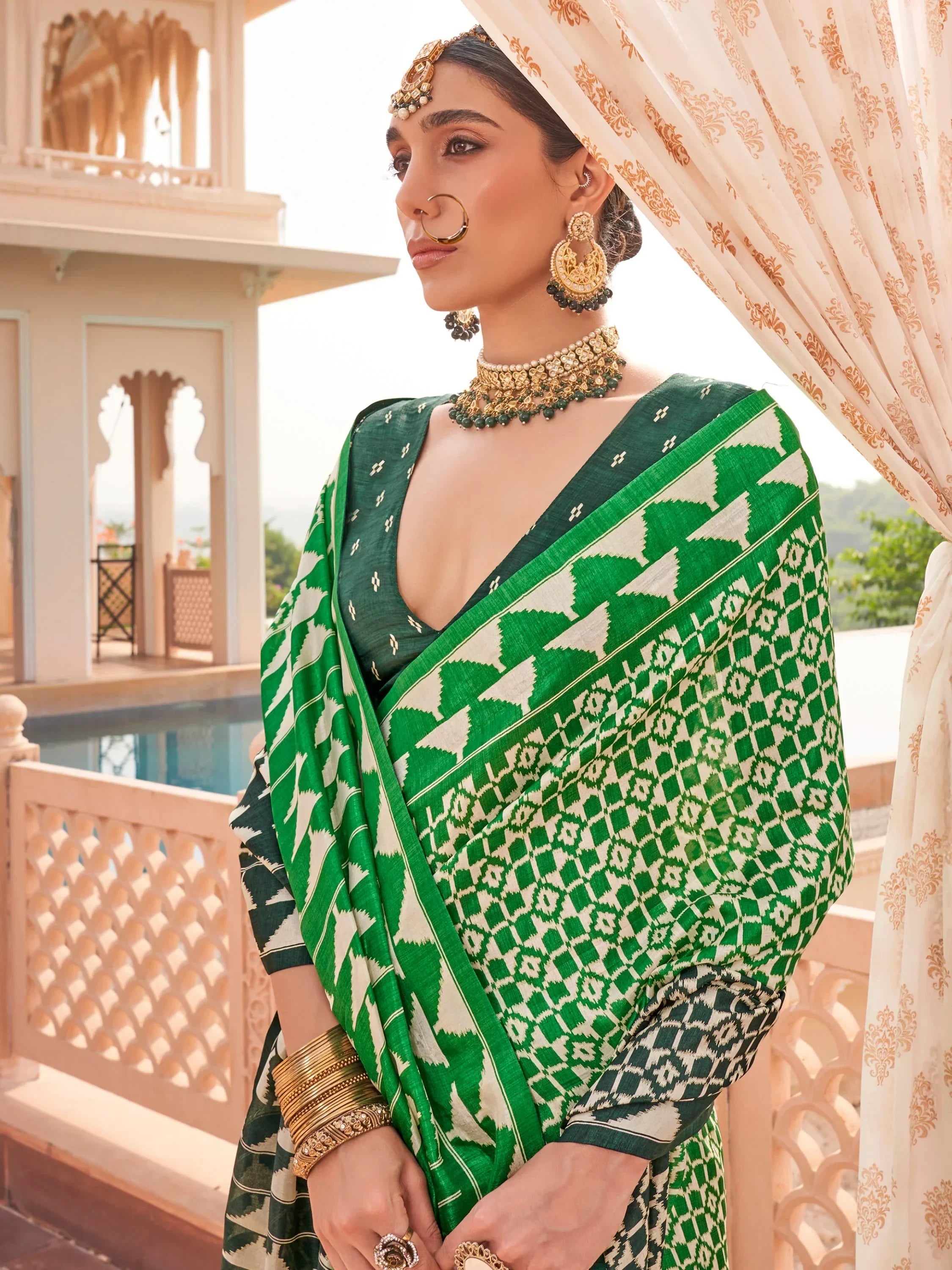 Attractive Green Digital Printed Silk Event Wear Saree With Blouse