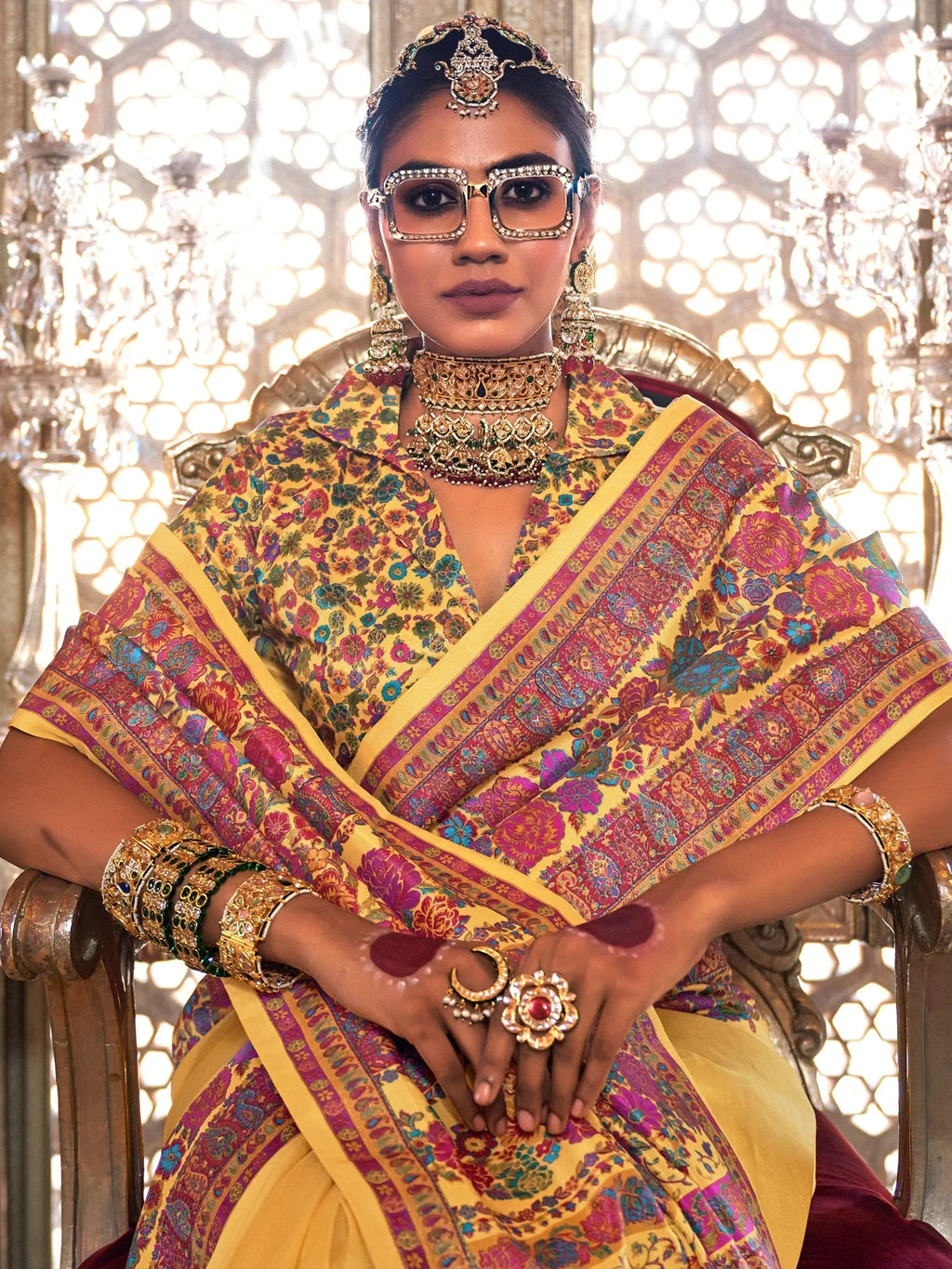 Beautiful Yellow Floral Printed Silk Haldi Wear Saree With Blouse