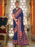 Spectacular Navy Blue Floral Printed Silk Saree With Blouse