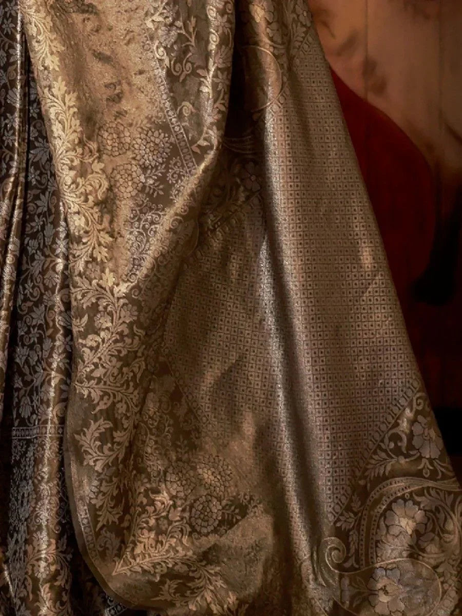 Glamorous Steal Grey Zari Woven Silk Designer Saree With Blouse