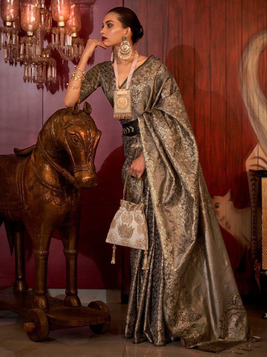 Glamorous Steal Grey Zari Woven Silk Designer Saree With Blouse