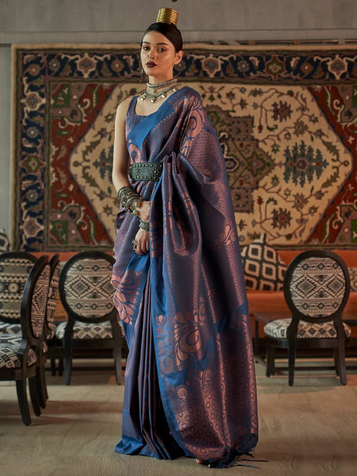 Adorable Blue Zari Weaving Silk Traditional Saree With Blouse