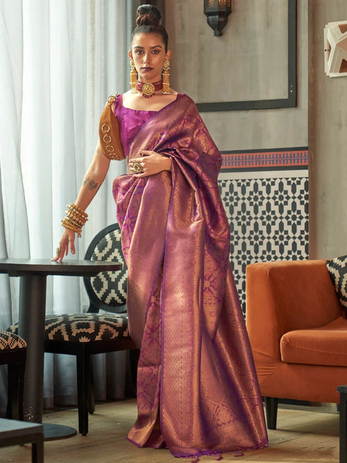 Adorable Purple Zari Weaving Silk Traditional Saree With Blouse