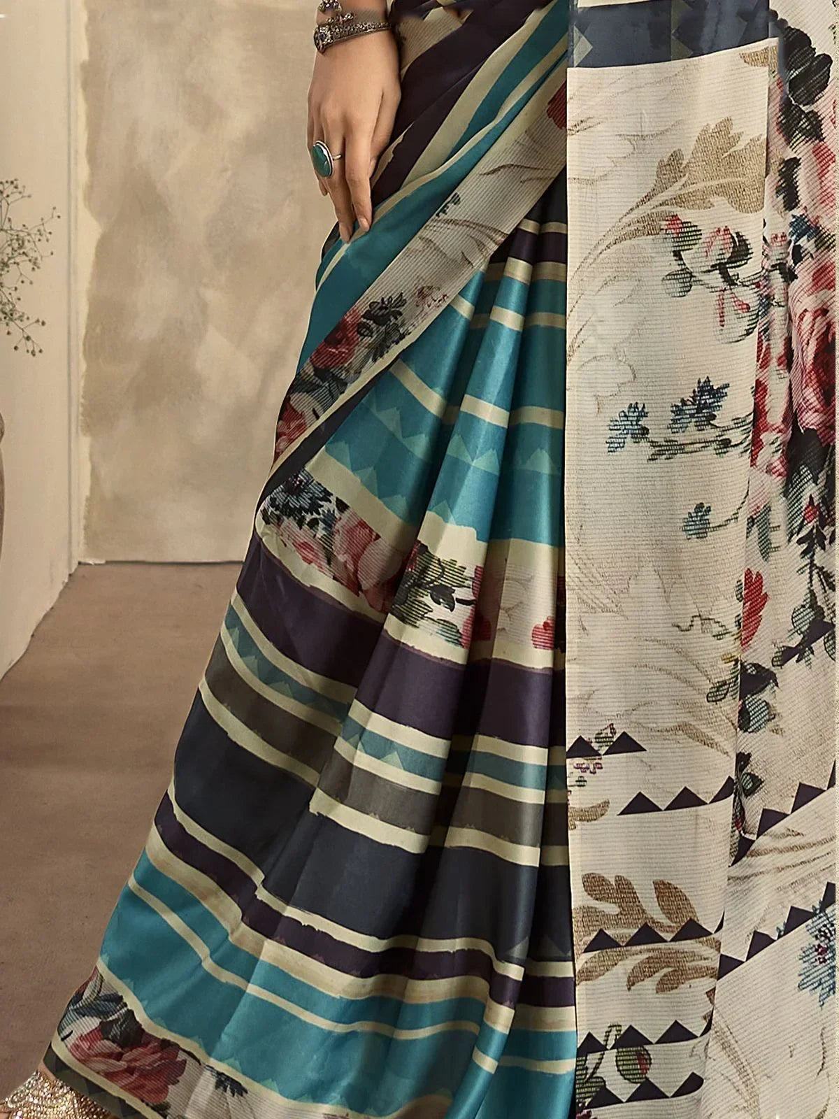 Astonishing Blue Digital Printed Satin Casual Wear Saree With Blouse