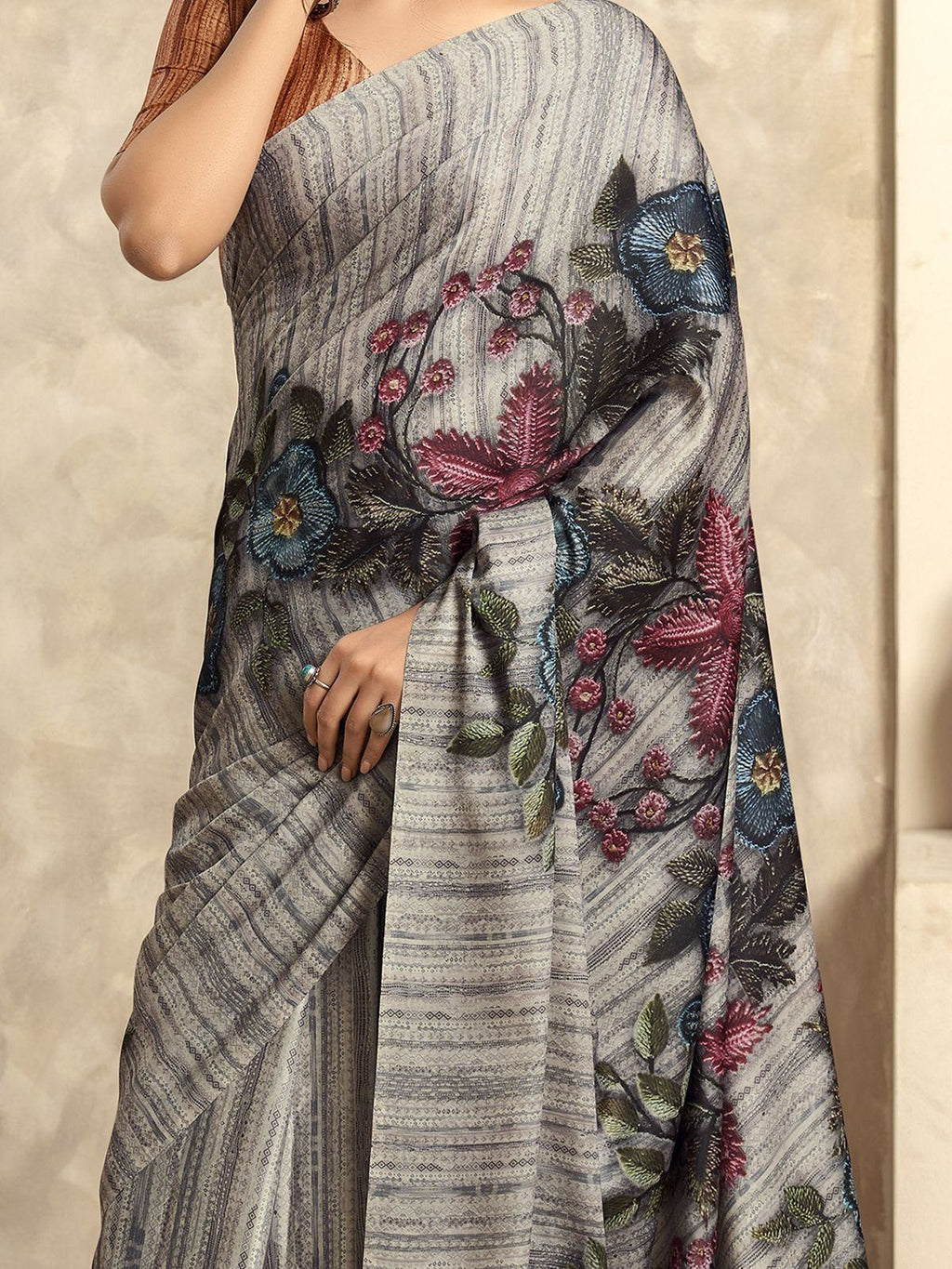 Marvelous Grey Floral Printed Satin Office Wear Saree With Blouse