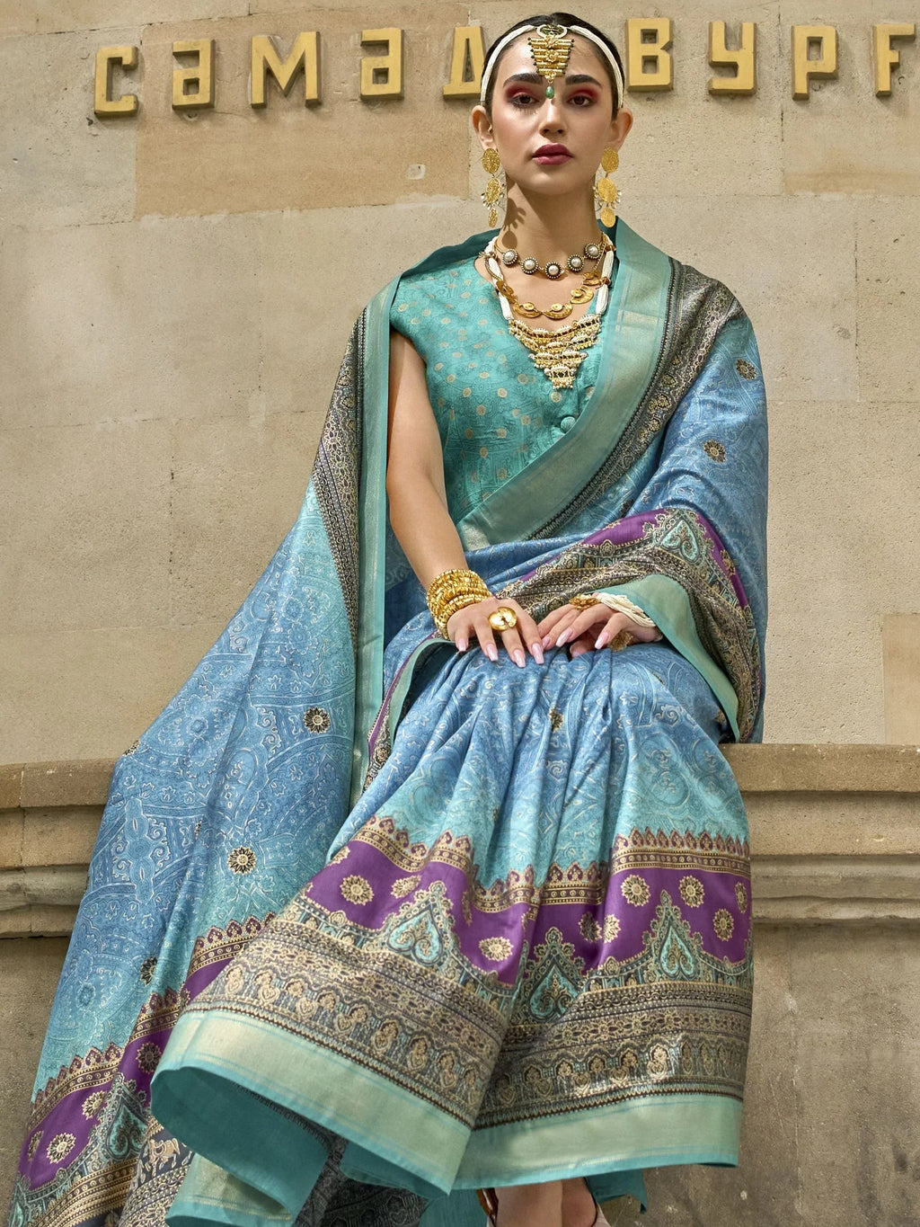Incredible Sky-Blue Digital Print Silk Festival Wear Saree With Blouse