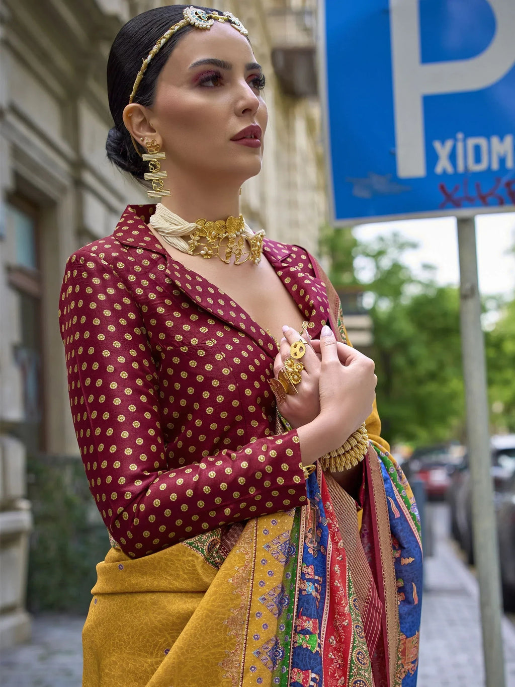 Beautiful Mustard Yellow Digital Printed Silk Haldi Wear Saree With Blouse
