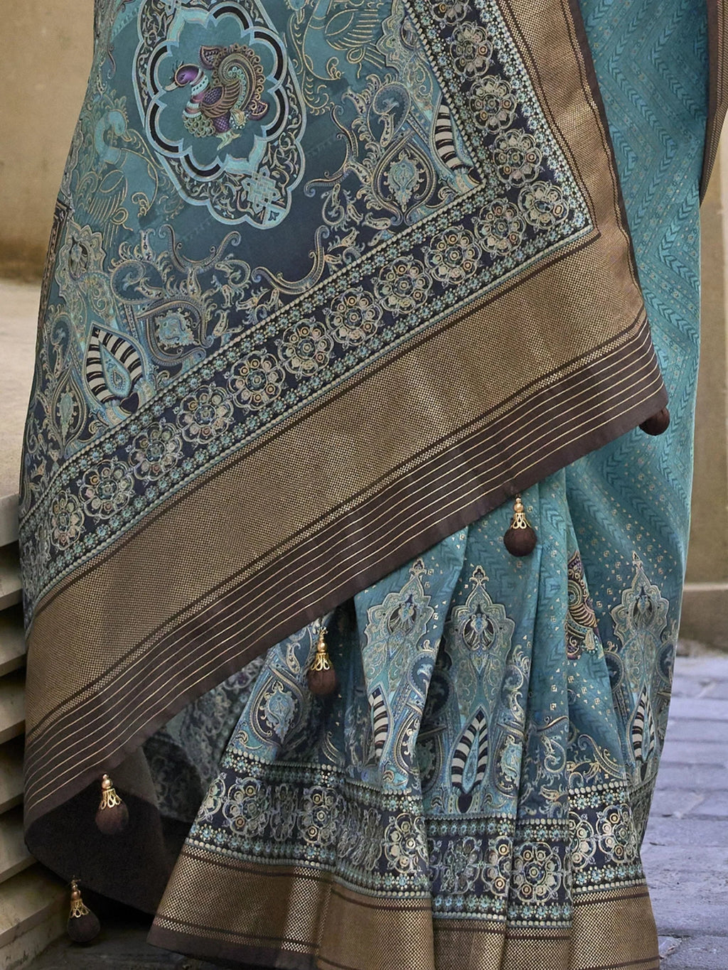 Adorable Teal Blue Digital Printed Silk Traditional Saree With Blouse