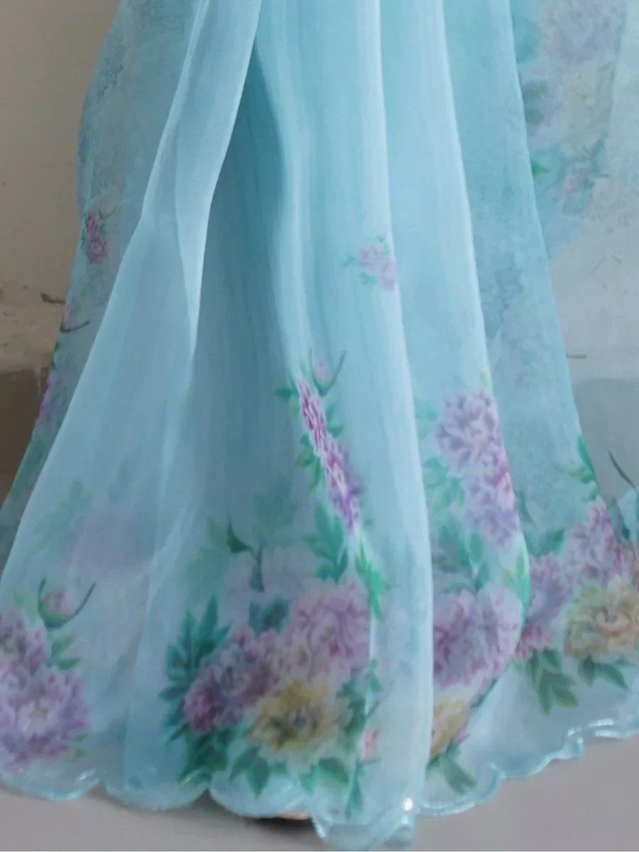 Awesome Sky-Blue Floral Printed Organza Event Wear Saree With Blouse