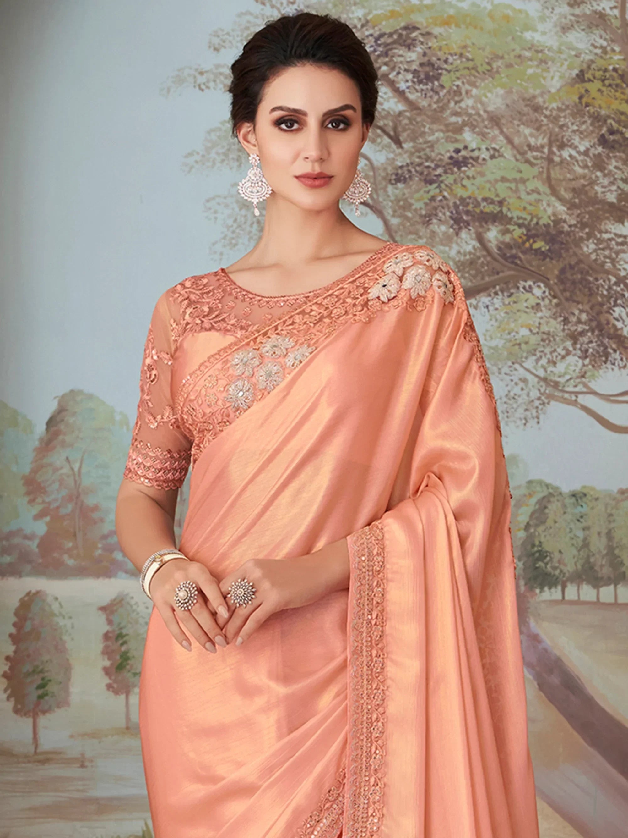 Elegant Peach Border Work Silk Party Wear Saree With Blouse