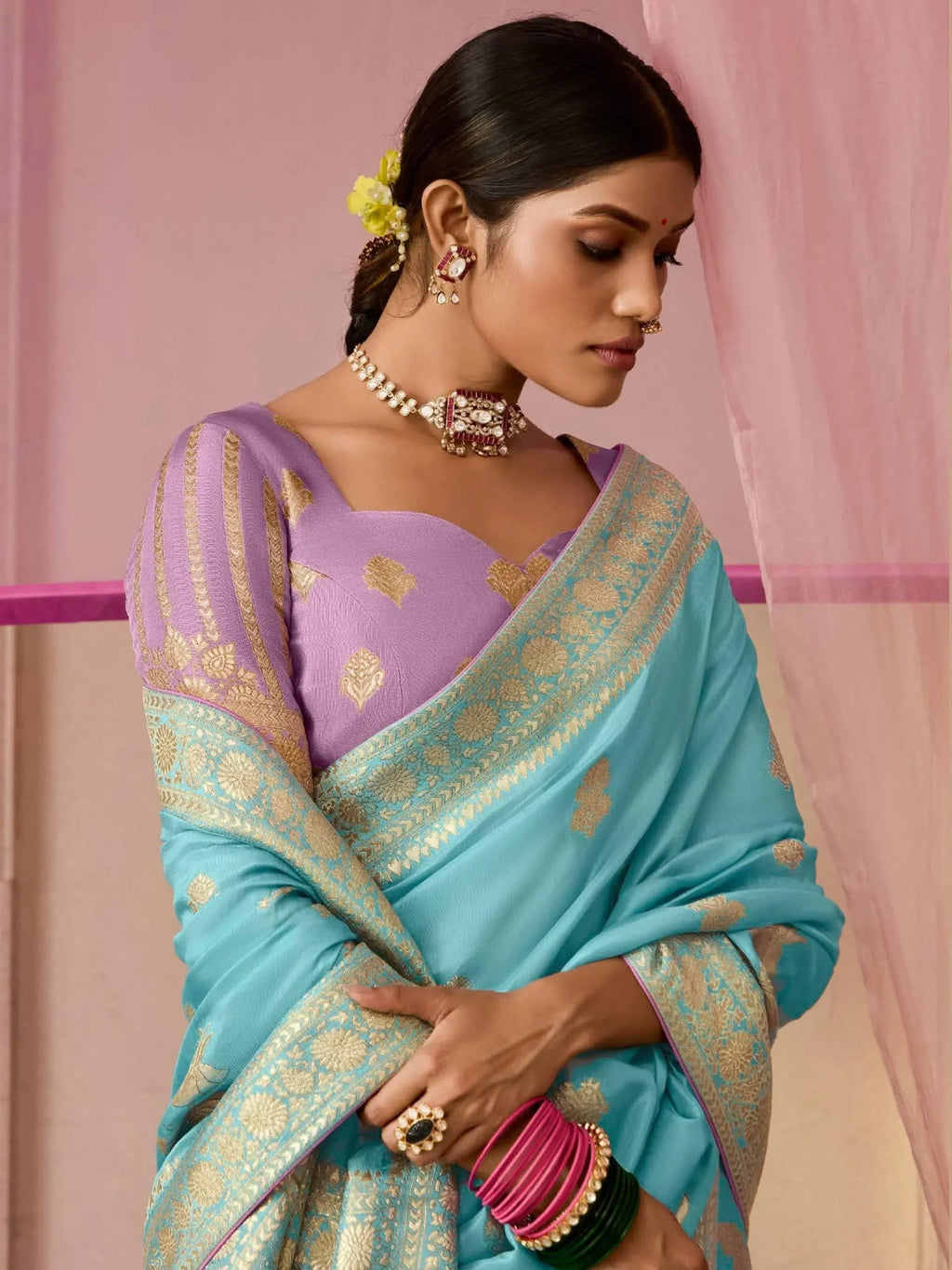Surprising Sky Blue Zari Weaving Silk Function Wear Saree With Blouse