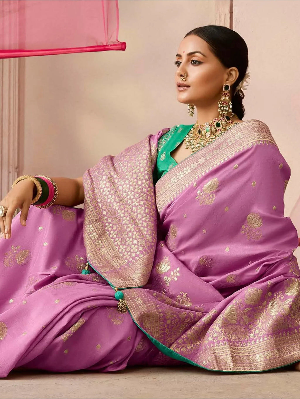Gorgeous Lavender Zari Weaving Silk Event Wear Saree With Blouse