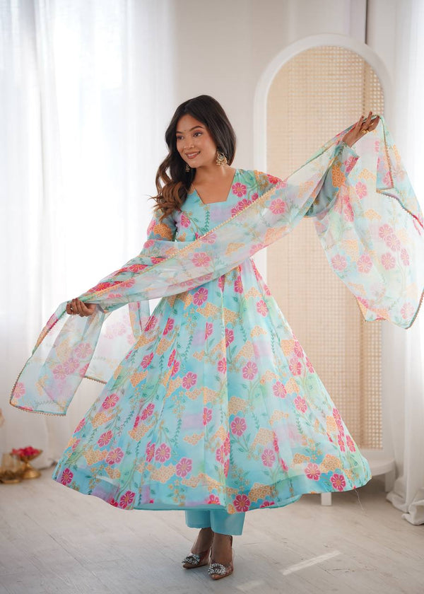Sky Blue Sunkissed Floral Print Organza Gown with Dupatta and Pant
