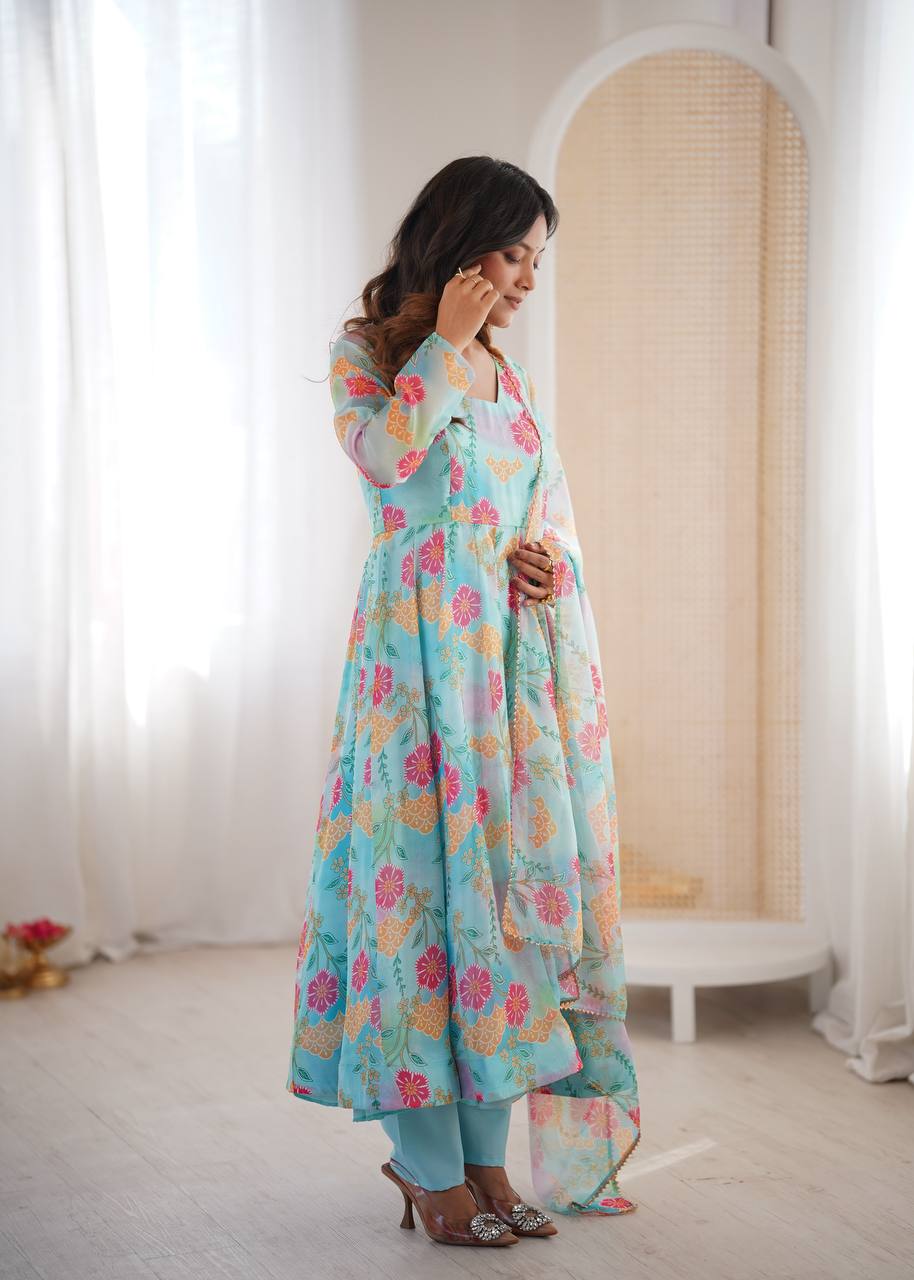 Sky Blue Sunkissed Floral Print Organza Gown with Dupatta and Pant