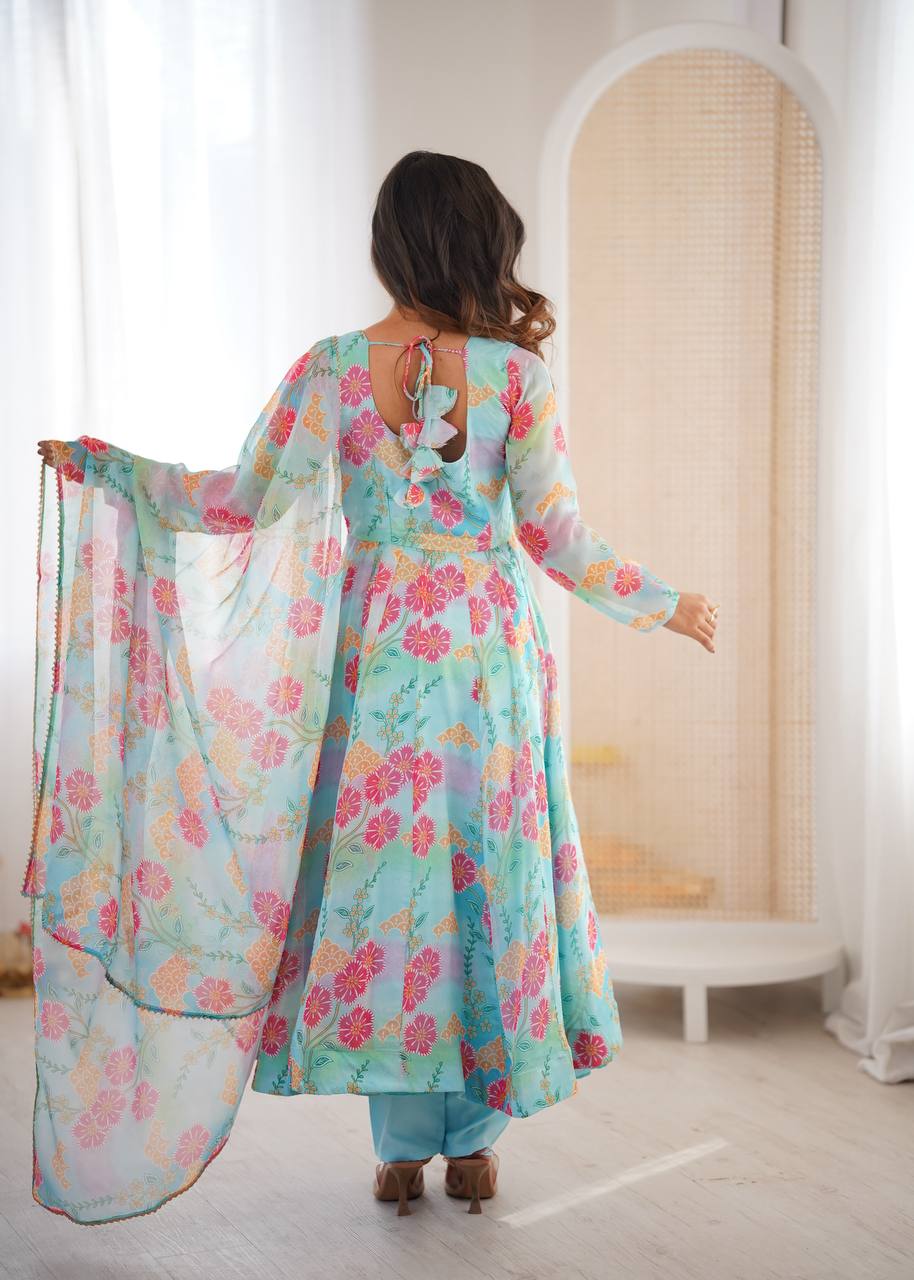Sky Blue Sunkissed Floral Print Organza Gown with Dupatta and Pant
