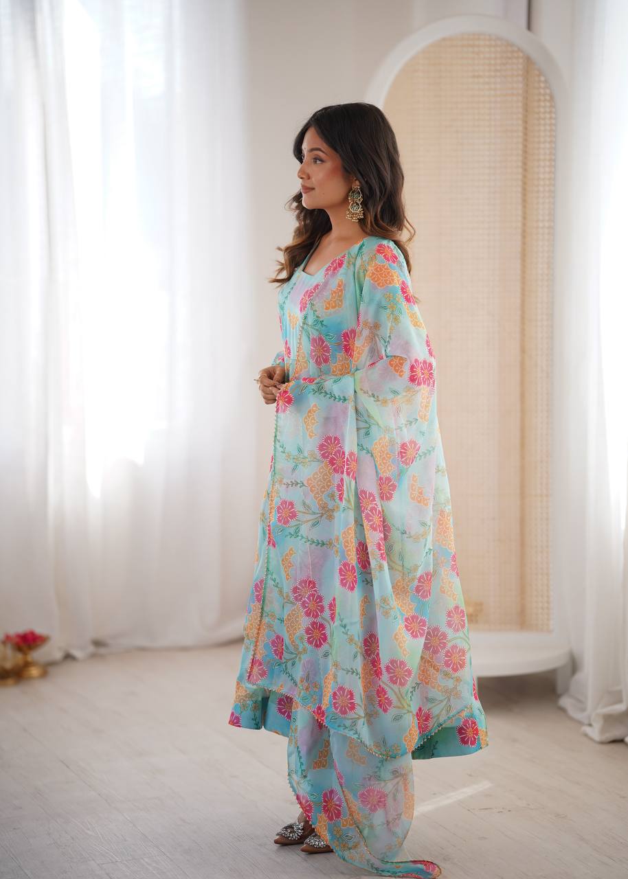 Sky Blue Sunkissed Floral Print Organza Gown with Dupatta and Pant