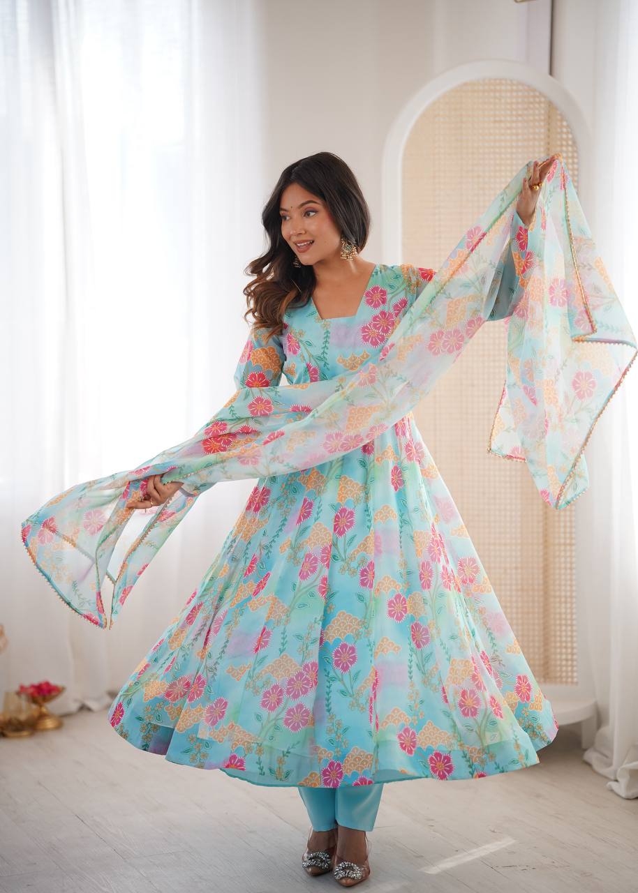 Sky Blue Sunkissed Floral Print Organza Gown with Dupatta and Pant