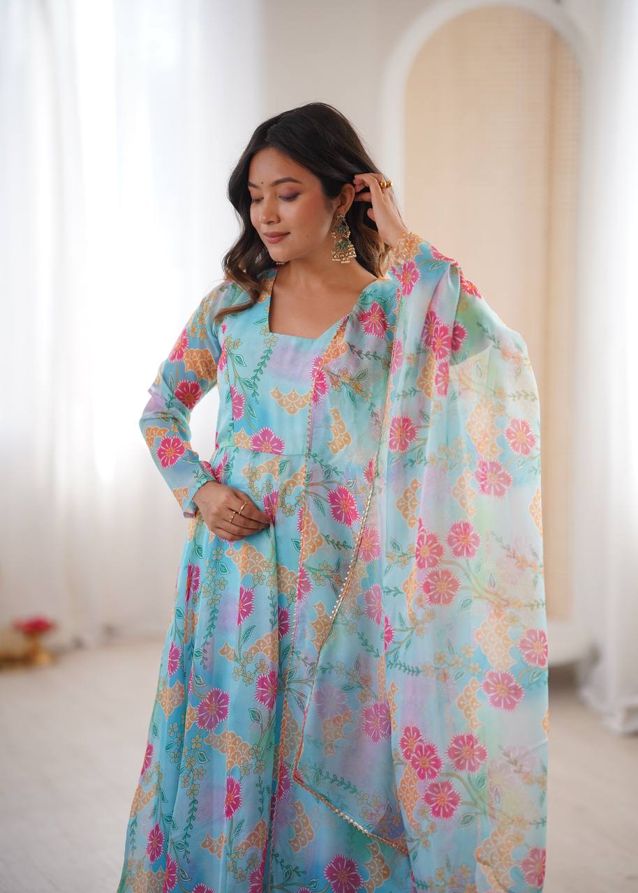 Sky Blue Sunkissed Floral Print Organza Gown with Dupatta and Pant