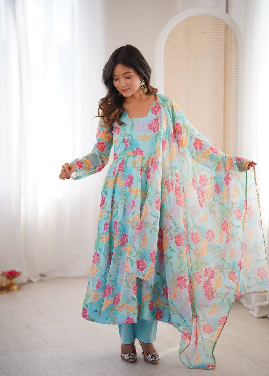Sky Blue Sunkissed Floral Print Organza Gown with Dupatta and Pant
